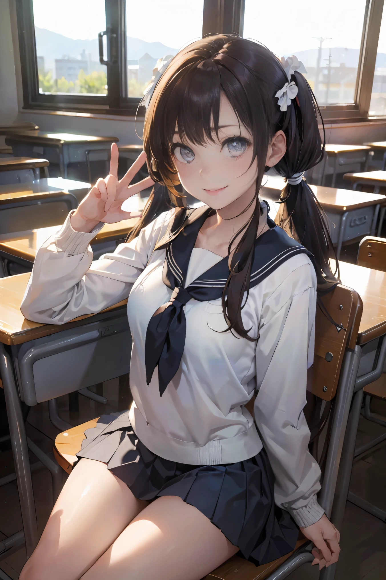 (masterpiece:1.2, top-quality), (realistic, photorealistic:1.4), beautiful illustration,
looking at viewer, cowboy shot, front view:0.8,
1 girl, japanese, high school girl, (long hair:1.4), light brown hair, (twin tail:1.7), large breasts:0.8, white skin
beautiful hair, beautiful face, beautiful detailed eyes, beautiful clavicle, beautiful body, beautiful chest, beautiful thigh, beautiful legs, beautiful detailed fingers,
(beautiful scenery), , classroom, desks, chairs,
((cute school uniform, long sleeves, pleated skirt, sailor collar, scarf)), white panties, shoes,
sitting, sit in a chair,
smile, peace sign,