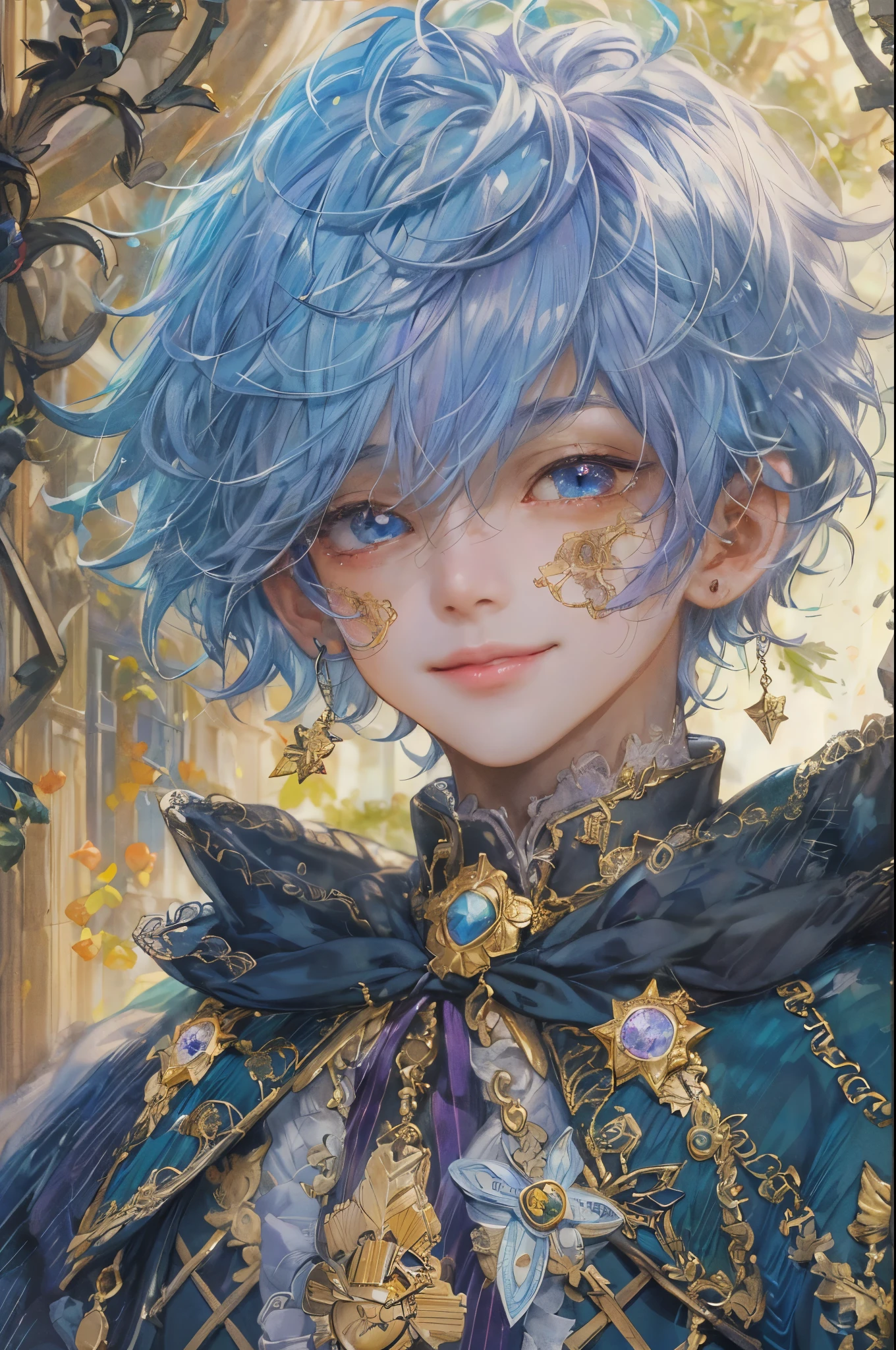 ((absurdres, highres, ultra detailed), 1 boy , front view, young boy, handsome boy villain character from sugar sugar rune, detailed hair with detailed headgear ornaments, detailed short hair, anime eyes, detailed mage clothes with little purple details showing,finely detailed eyes red details showing and detailed face, smirk, dimples, extremely detailed CG unity 8k wallpaper, blue details on side, intricate details yellow details on left, portrait, ruin of pink roses, market theme, eyes on viewer, detailed houses town scenery background