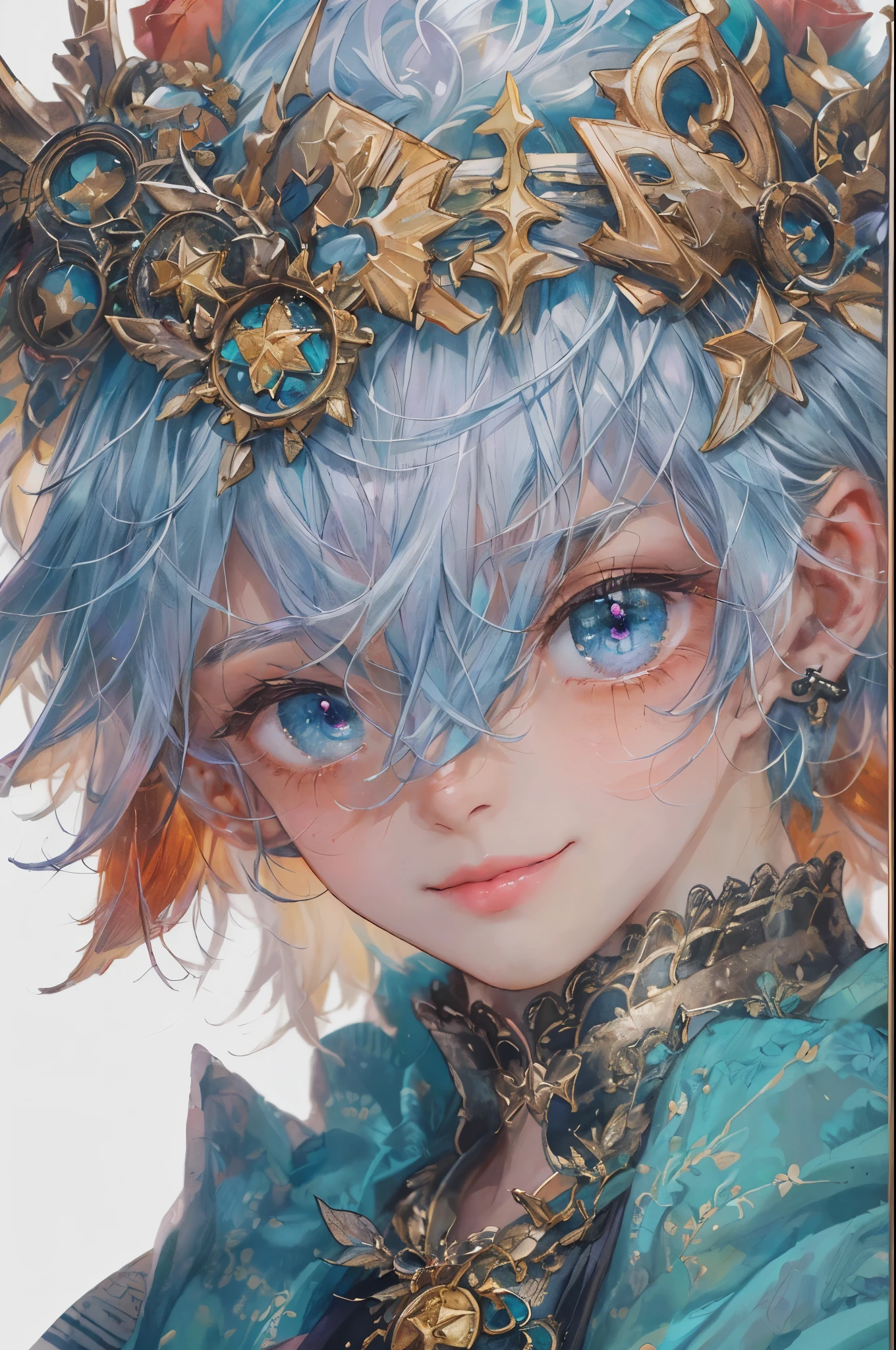 ((absurdres, highres, ultra detailed), 1 boy , front view, young boy, handsome boy villain character from sugar sugar rune, detailed hair with detailed headgear ornaments, detailed short hair, anime eyes, detailed mage clothes with little purple details showing,finely detailed eyes red details showing and detailed face, smirk, dimples, extremely detailed CG unity 8k wallpaper, blue details on side, intricate details yellow details on left, portrait, ruin of pink roses, market theme, eyes on viewer, detailed houses town scenery background
