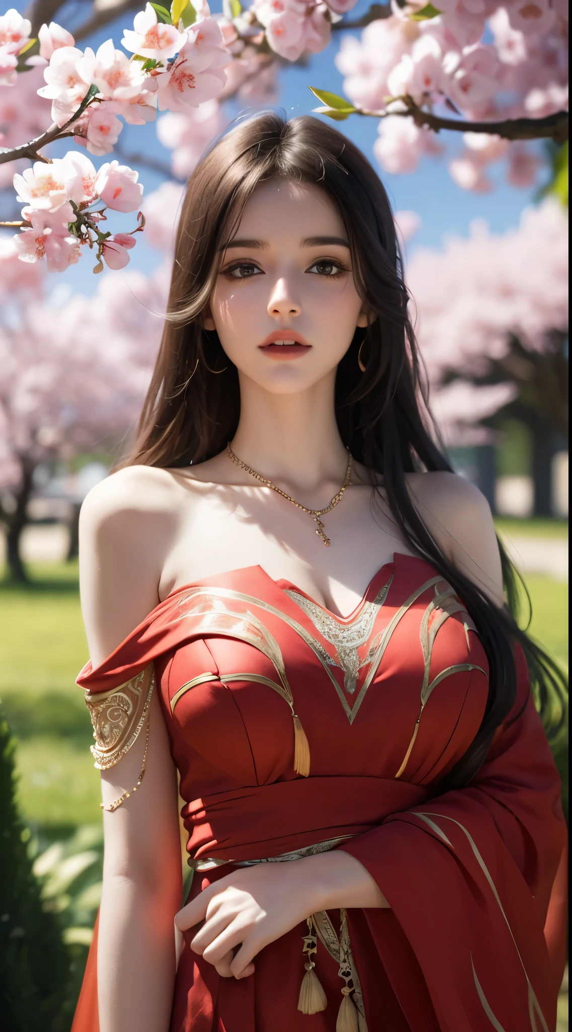 Beautiful  young girl looking at viewer wearing red top dress, in garden, realistic graphics, wearing a beautiful necklace, wavering at viewer, nice figure, beautiful organic photography  ,graphic focus on girl at the center of graphics photoshot ,red colors dress ,wavering at viewer, full-body photoshot rendering graphics,complete body collection, sakura blossoms, sitting under a tree ,beautiful legs and waist 