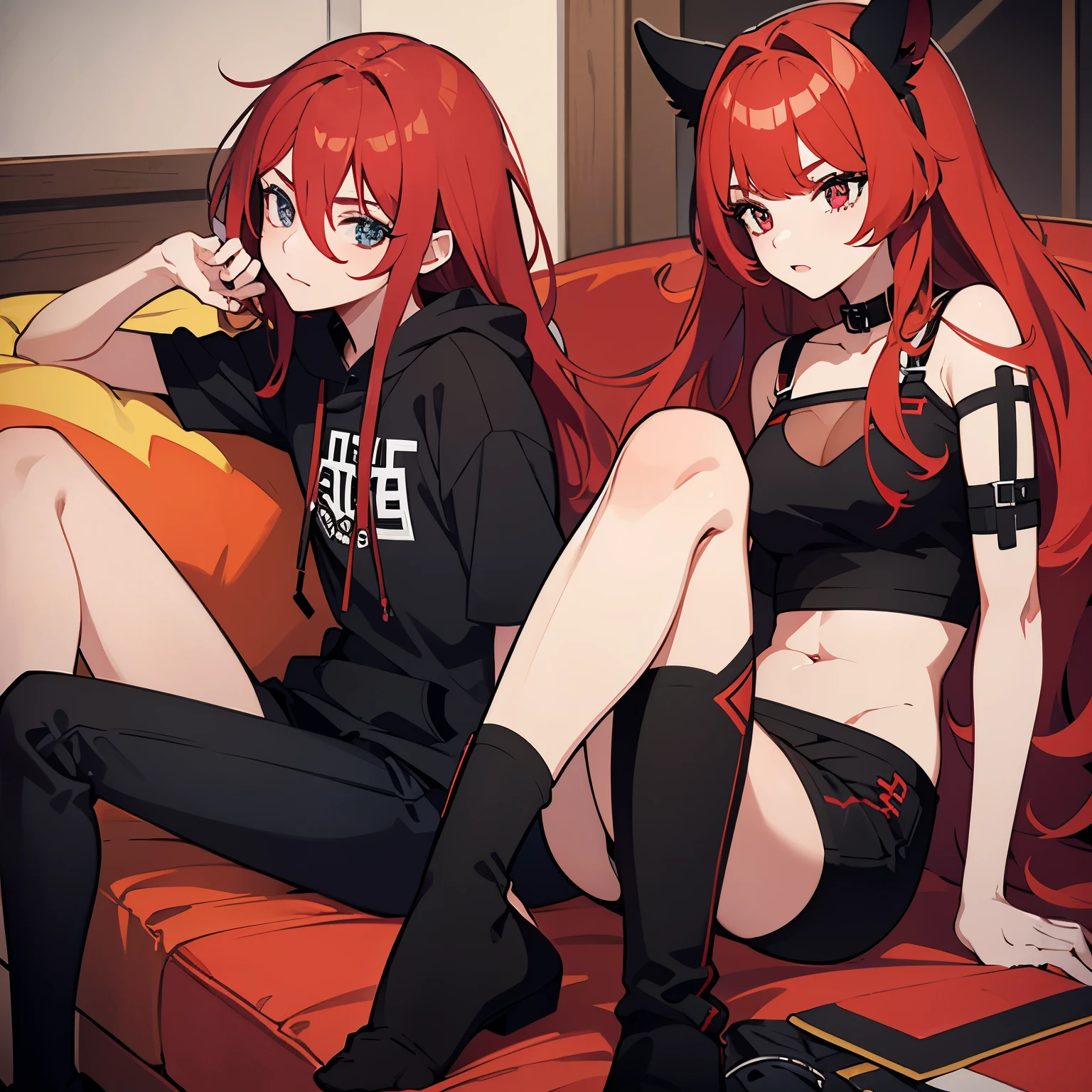 make a teen femboy man with red hair black pants, com moletom com uma cicatriz no olho,usando Lingerie estilo ANIME