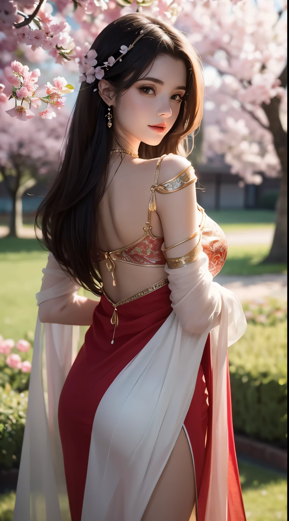 Beautiful  young girl looking at viewer wearing red top dress, in garden, realistic graphics, wearing a beautiful necklace, wavering at viewer, nice figure, beautiful organic photography  ,graphic focus on girl at the center of graphics photoshot ,red colors dress ,wavering at viewer, full-body photoshot rendering graphics,complete body collection, sakura blossoms, sitting under a tree ,beautiful legs and waist 