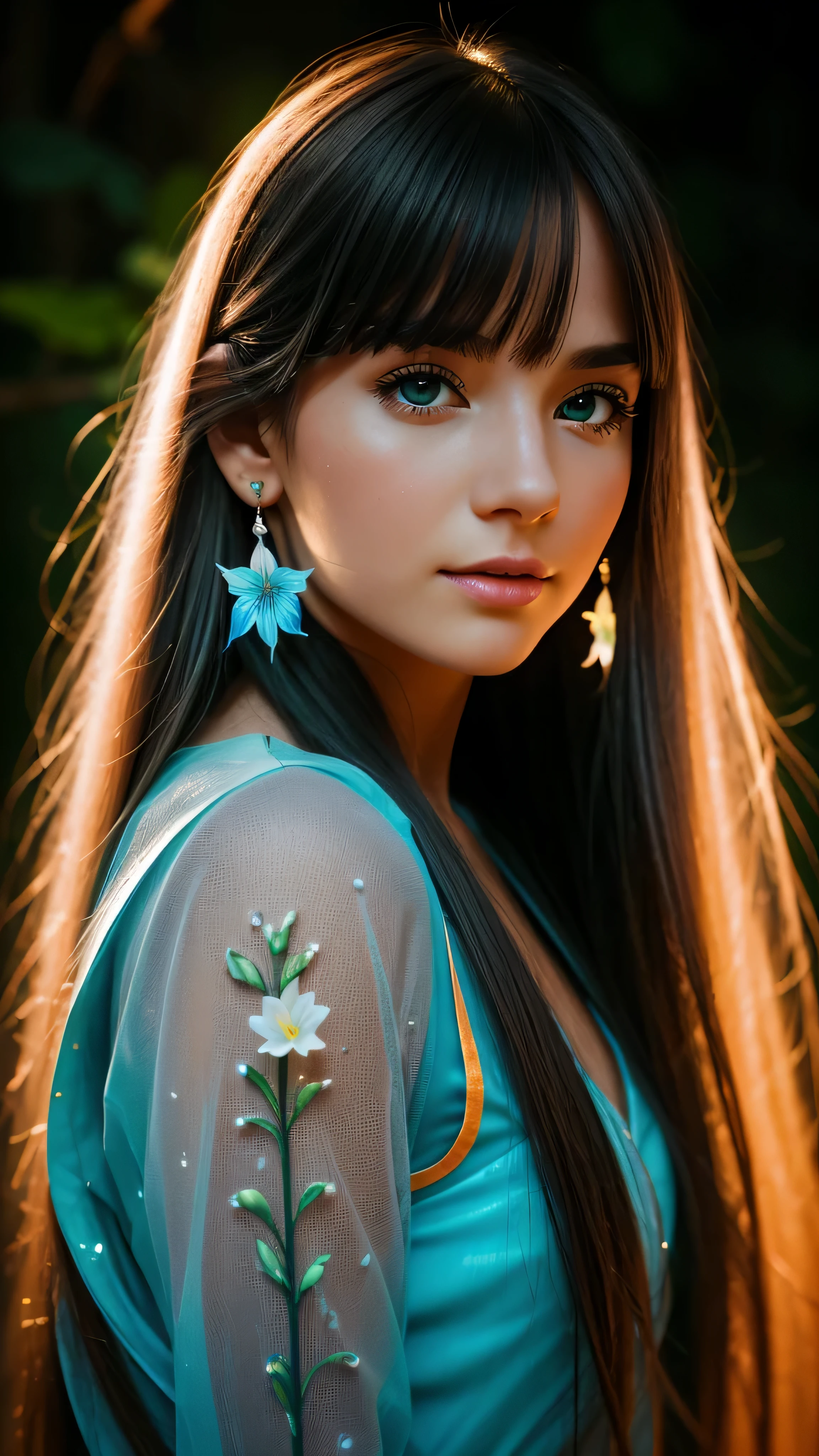 Beautiful realistic girl with bright BLUE-WHITE long hair ,Close-up of clean skin with detailed skin,full length,in a short miniskirt,on an orange background,Against the background of the starry sky,bright makeup,detailed eyes,EARRINGS WITH GLITTERS,two-leaf gray flower,translucent speckled bifoliate gray,Bioluminescent - ultra-high quality 8K, High contrast, rich colors, soft light, Super detailed photos. ultra high quality 8K, High contrast, noise reduction, bright rich colors.. high quality, 8K Ultra HD, High contrast high quality,soft close focus,very beautiful flower, translucent red lily of the valley with dewdrop flower, bioluminescent flower glows and shimmers, he grows in a mysterious forest, shrouded in mystery, Ultra-high quality 8k, High contrast, rich colors, soft light, Ultra-detailed photos. Сверхhigh quality 8k, High contrast, noise reduction, bright rich colors.. high quality, 8K Ultra HD, High contrast