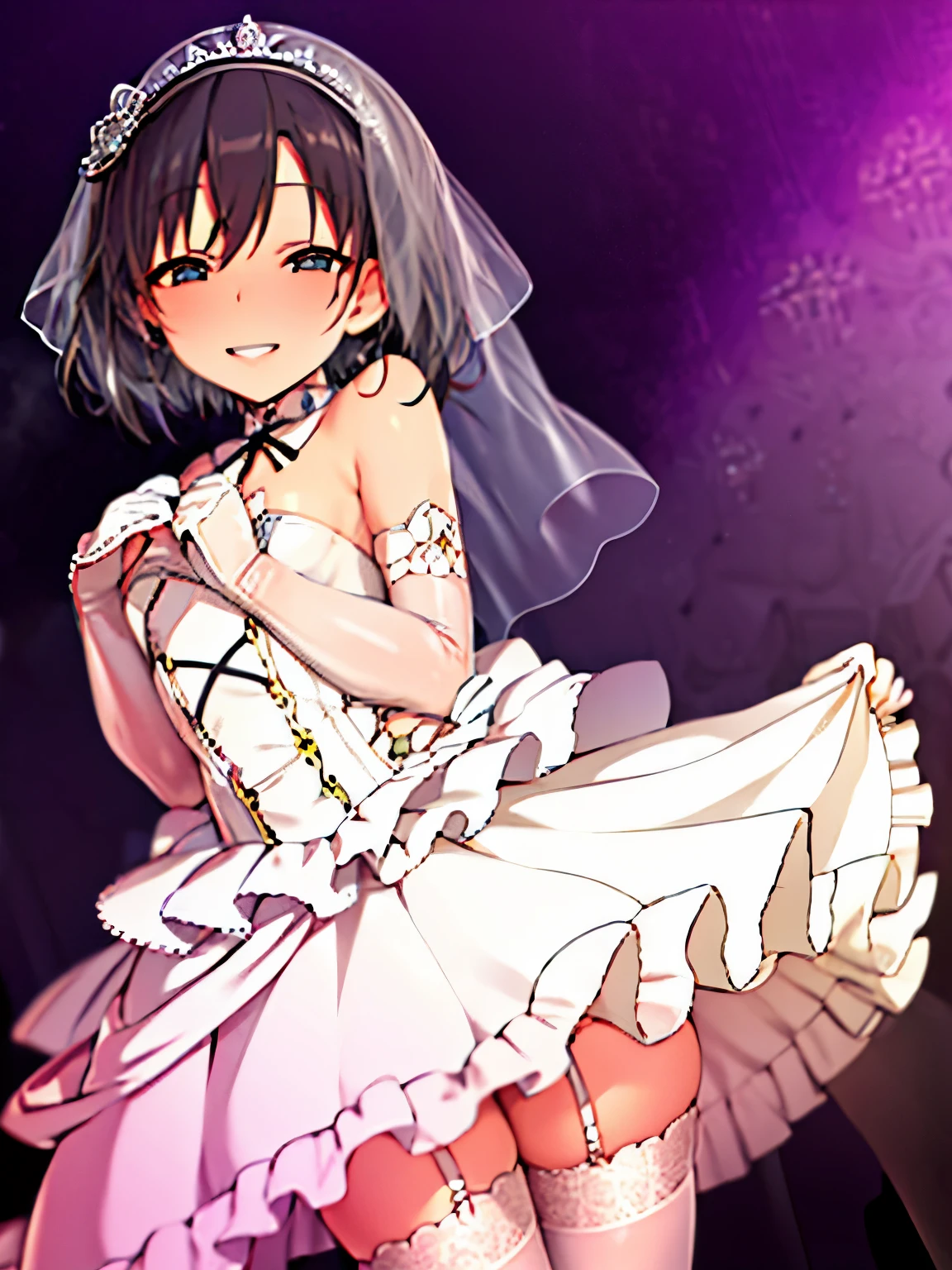high quality，masterpiece。Cute short-haired cross-dressing boy，boy dressed as a woman，his hair is not long，his hair is brown and very short．He stands upright with his face and body facing the viewer.，true identity。his hands are empty，Do not pose your hands。he looks 。his chest is flat，Good style。he is smiling with a cute face，Both eye colors are brown。The outfit was a pure white wedding dress.，A fancy dress with a veil, ribbons, and lots of frills.，Skirt is a mini skirt，Long white gloves on both hands，Long white socks on both legs。he stands，The place to stand is indoors。