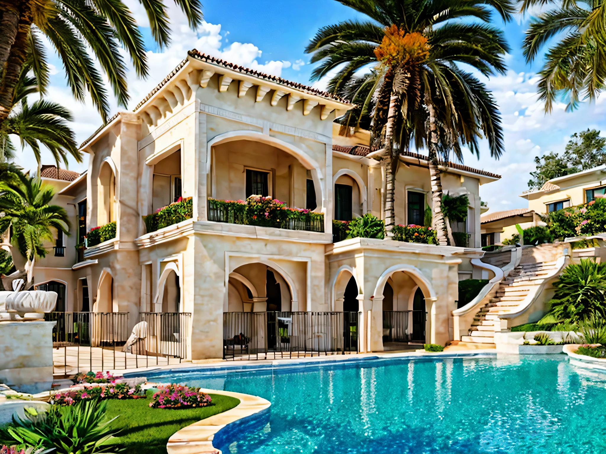 best quality, highres, ultra-detailed, realistic:1.37, luxurious villa, Middle Eastern style, detailed architecture, vibrant colors, sunlight, beautiful gardens, ornate decorations, fountain, palm trees, grand entrance, marble flooring, intricate patterns, arched windows, spacious rooms, comfortable furniture, chandeliers, mosaic tiles, lush greenery, panoramic views, serene atmosphere, calm reflection, elegant courtyard, terraces, traditional elements, tranquil pool, inviting outdoor seating, harmonious design, warm and inviting, exotic charm