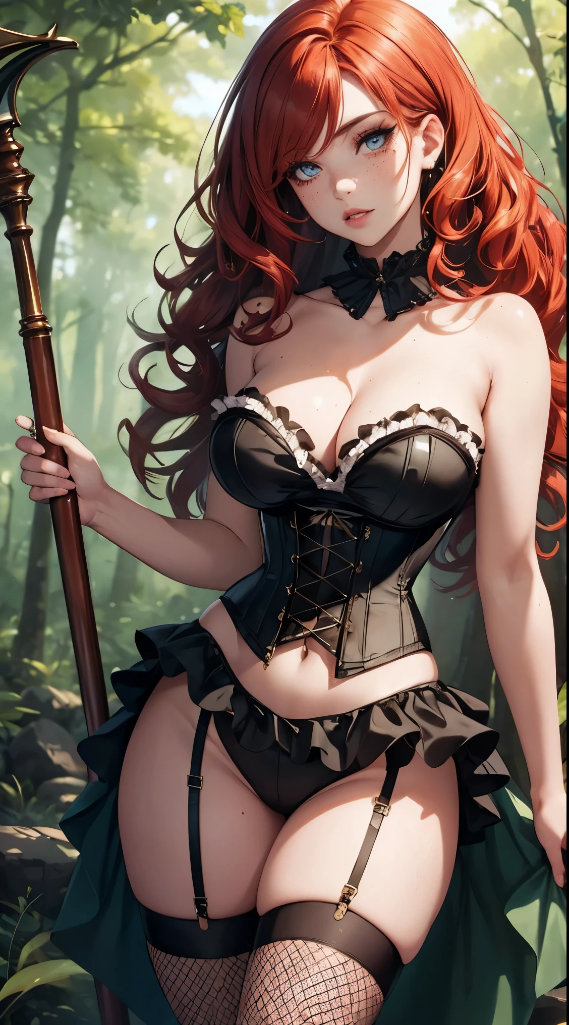 Highest Quality, ​masterpiece, beautifully detailed eyes, large breasts, standing, makeup, glossy lips, collarbone, forest, redhead, curly hair, strapless corset, (fishnet stockings), full lips, freckles, collar, frills, wizard staff