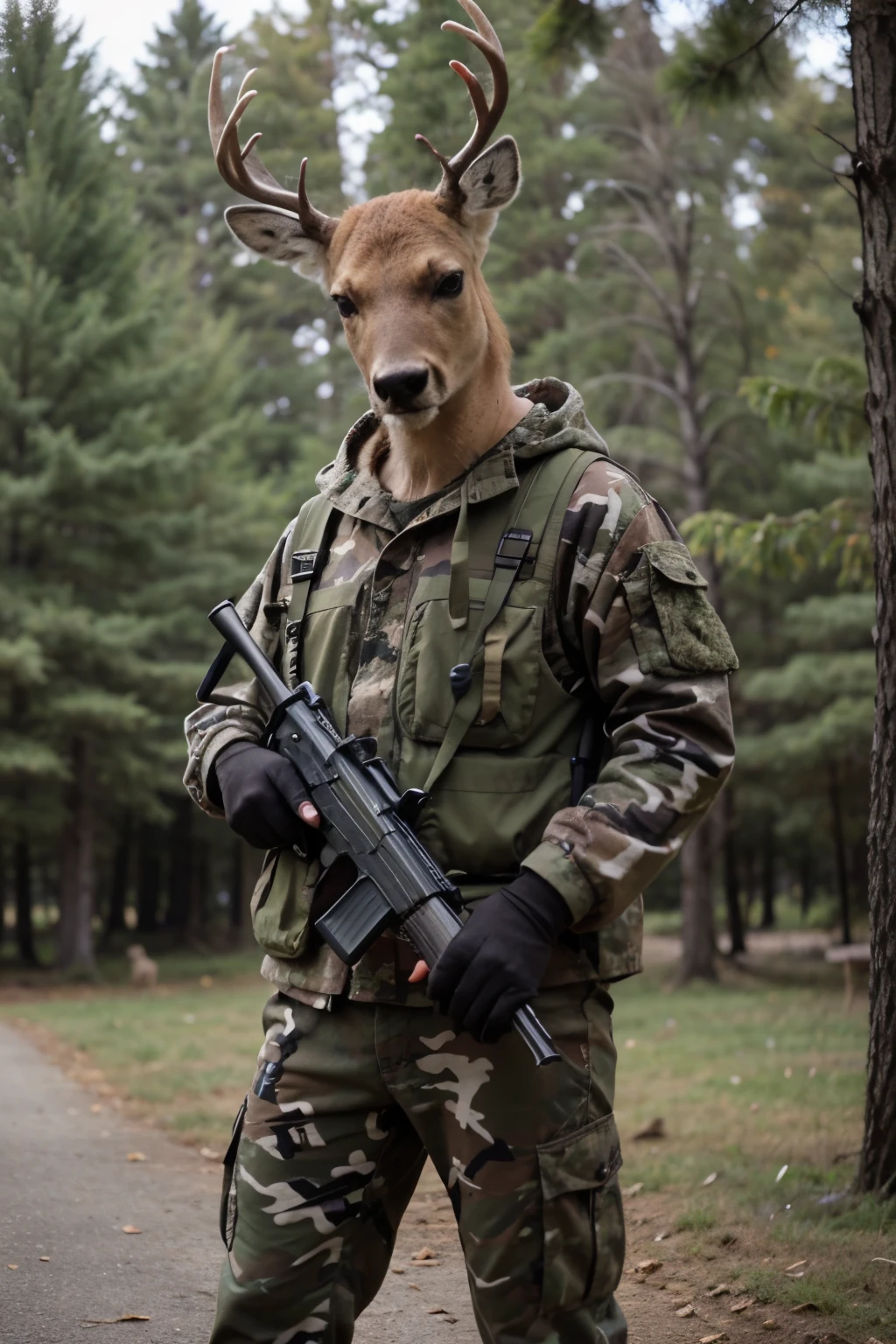 A deer in camouflage clothing with a shotgun in his hands