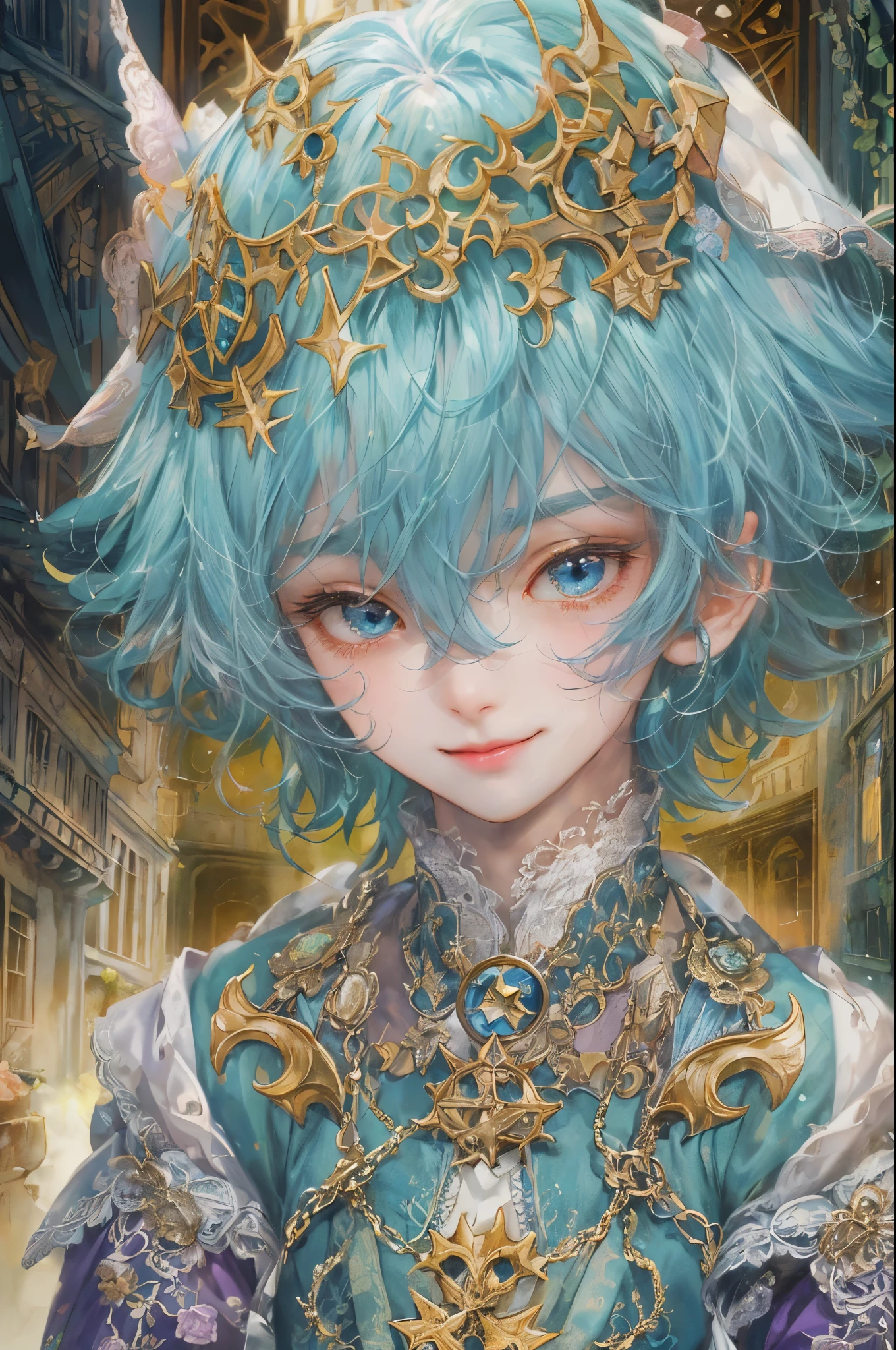 ((absurdres, highres, ultra detailed), 1 boy , front view, young boy, handsome boy villain character from sugar sugar rune, detailed hair with detailed headgear ornaments, detailed short hair, anime eyes, detailed mage clothes with little purple details showing,finely detailed eyes red details showing and detailed face, smirk, dimples, extremely detailed CG unity 8k wallpaper, blue details on side, intricate details yellow details on left, portrait, ruin of pink roses, market theme, eyes on viewer, detailed houses town scenery background
