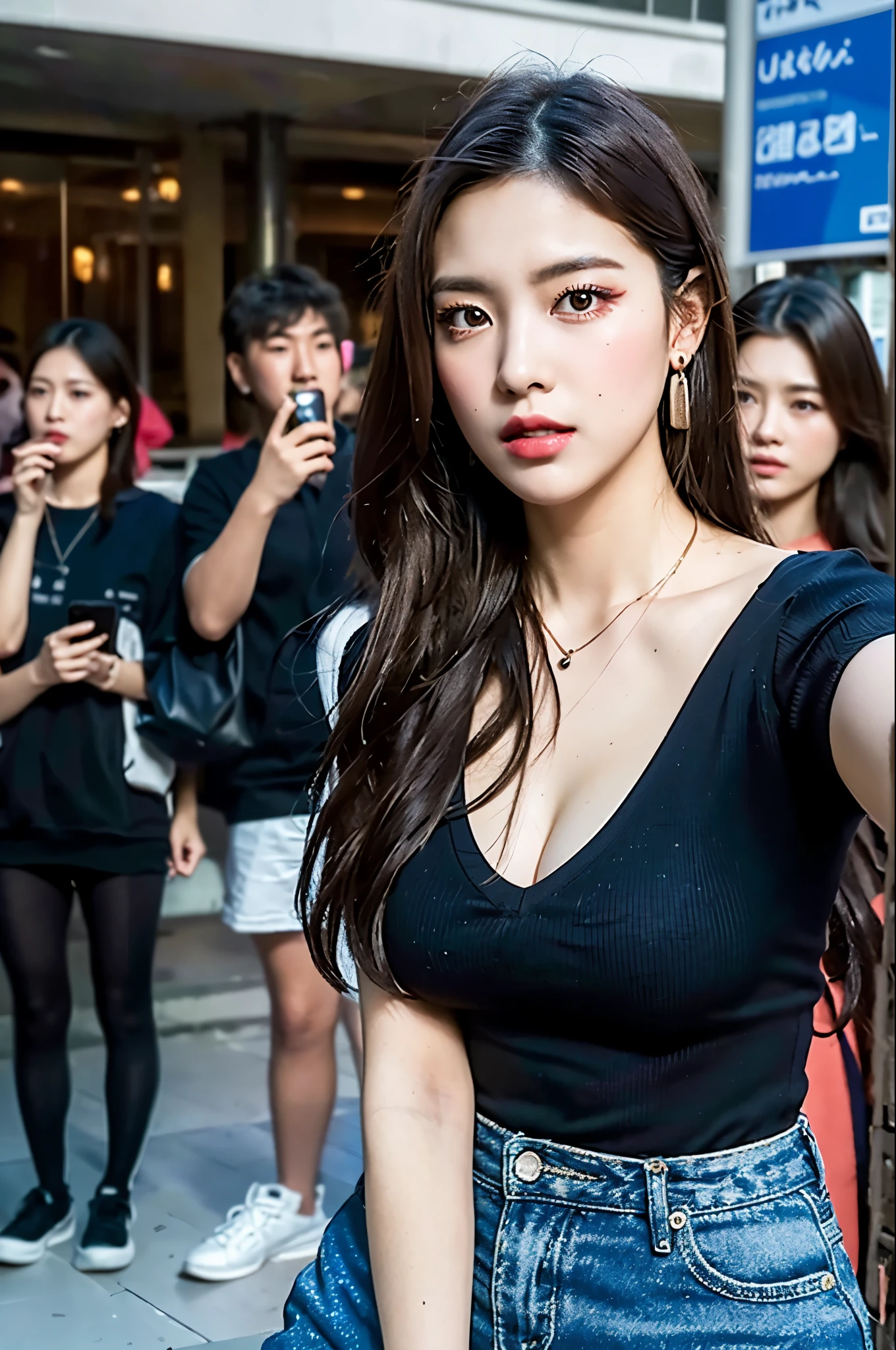 (8k, highest quality, masterpiece, ultra high resolution: 1.2), One girl wearing a black shirt and miniskirt, Beautiful 22 year old Japanese woman, cute blush embarrassed, smaller breasts, brown hair, smooth straight hair, glitter eyeliner, satin lipstick, huggie earrings, princess necklace, On the streets, complicated face, complicated eyes, masterpiece, highest quality, official art, Highly detailed CG integrated 8k wallpaper,ultra high resolution, professional photography, sharp focus, HDR, 8K resolution, intricate details, intricate details, Depth of the bounds written, Analog RAW digital SLR camera, realistic,model body shape