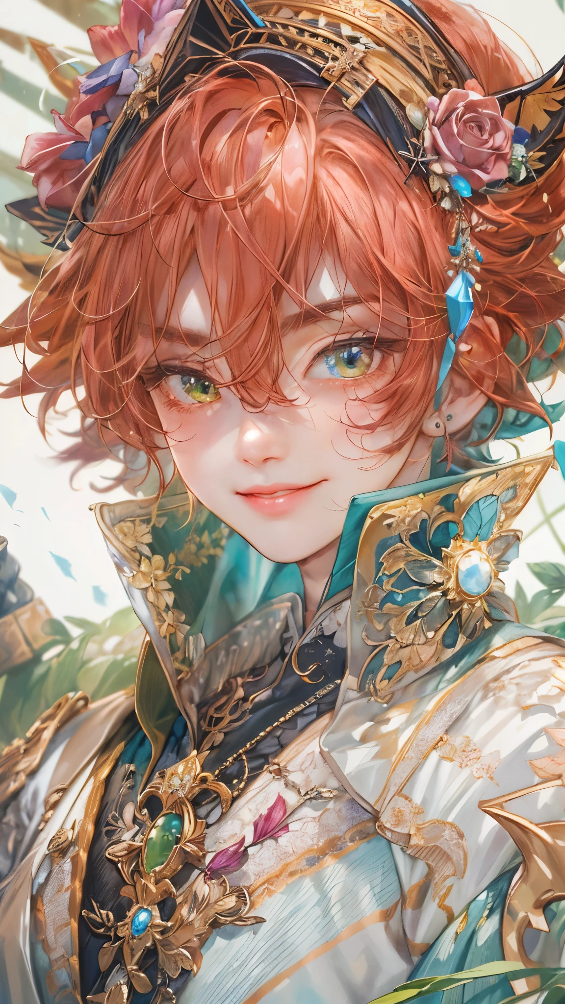 ((absurdres, highres, ultra detailed), 1 boy, front view, young boy, handsome boy villain character from Pretty Cure, male version, detailed hair with detailed headgear ornaments, detailed short hair, anime eyes, bangs, detailed mage clothes finely detailed eyes red details showing and detailed face, smirk, dimples, extremely detailed CG unity 8k wallpaper, blue details on side, intricate details yellow details on left, portrait, ruin of pink roses, market theme , eyes on viewer, detailed houses town scenery background