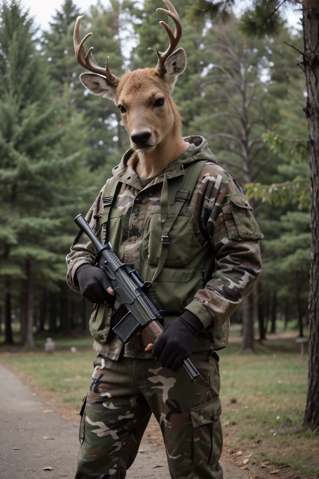 A deer in camouflage clothing with a shotgun in his hands