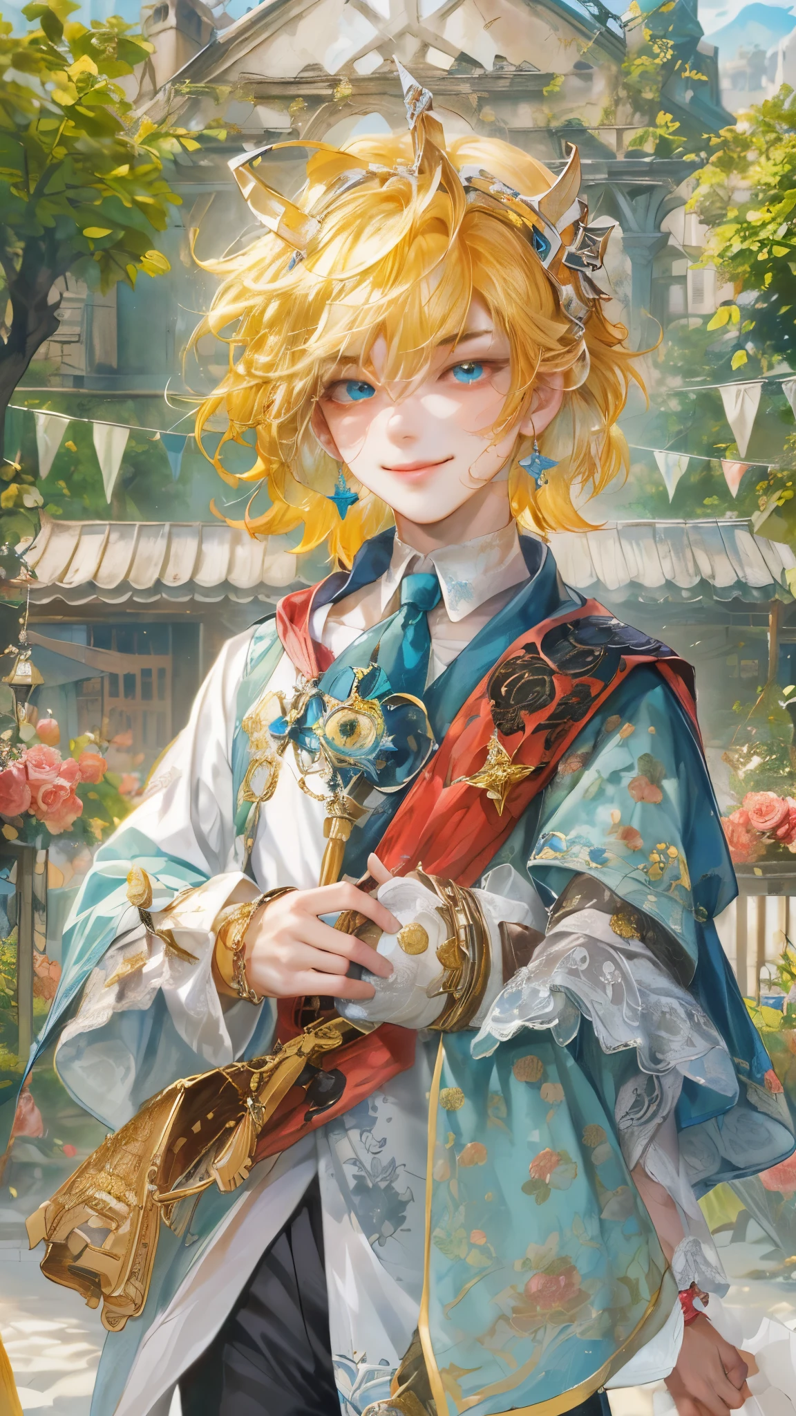 ((absurdres, highres, ultra detailed), 1 boy, front view, young boy, handsome boy villain character from Pretty Cure, male version, detailed hair with detailed headgear ornaments, detailed short hair, anime eyes, bangs, detailed mage clothes finely detailed eyes red details showing and detailed face, smirk, dimples, extremely detailed CG unity 8k wallpaper, blue details on side, intricate details yellow details on left, portrait, ruin of pink roses, market theme , eyes on viewer, detailed houses town scenery background
