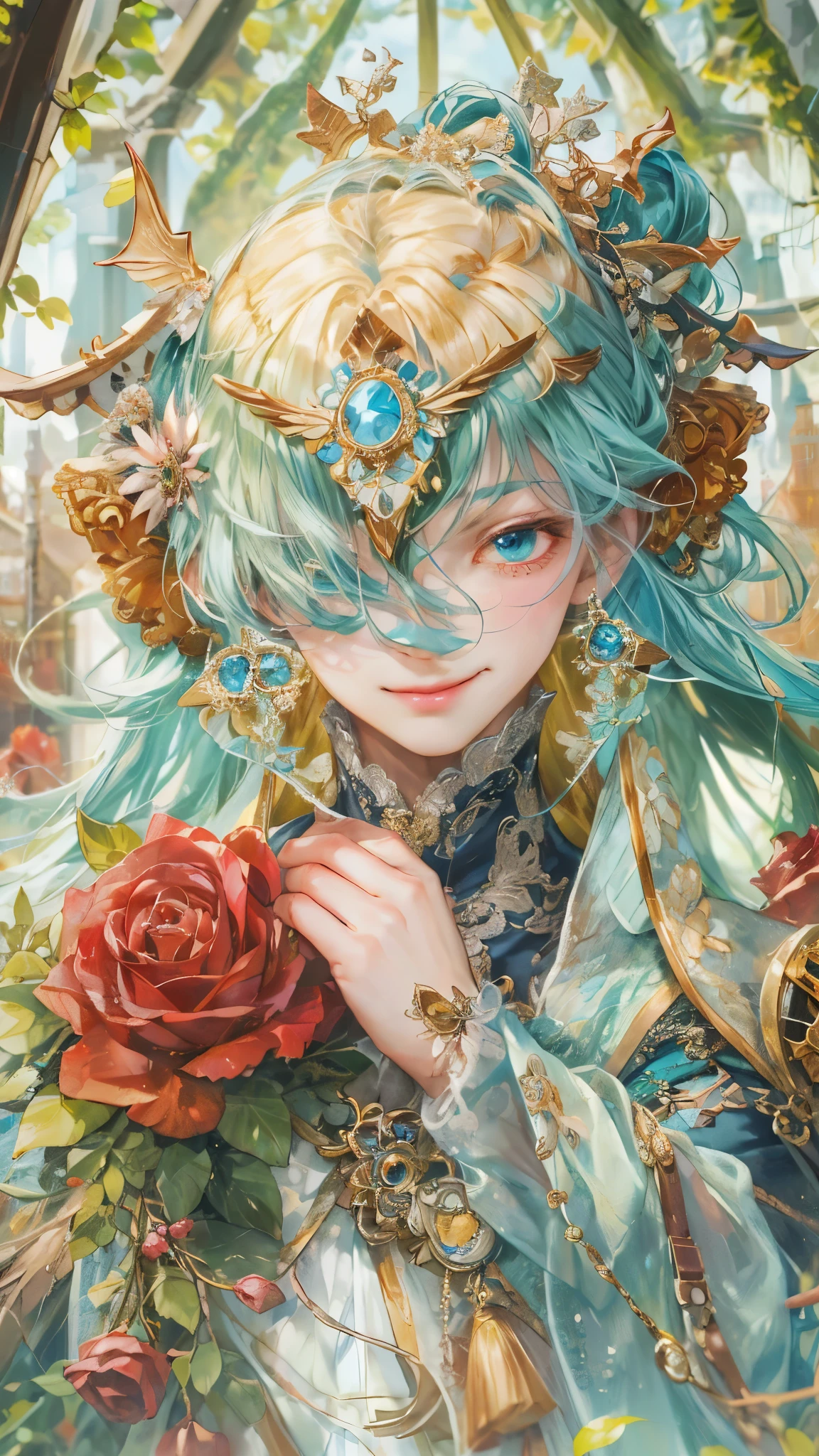 ((absurdres, highres, ultra detailed), 1 boy, front view, young boy, handsome boy villain character from Pretty Cure, male version, detailed hair with detailed headgear ornaments, detailed short hair, anime eyes, bangs, detailed mage clothes finely detailed eyes red details showing and detailed face, smirk, dimples, extremely detailed CG unity 8k wallpaper, blue details on side, intricate details yellow details on left, portrait, ruin of pink roses, market theme , eyes on viewer, detailed houses town scenery background