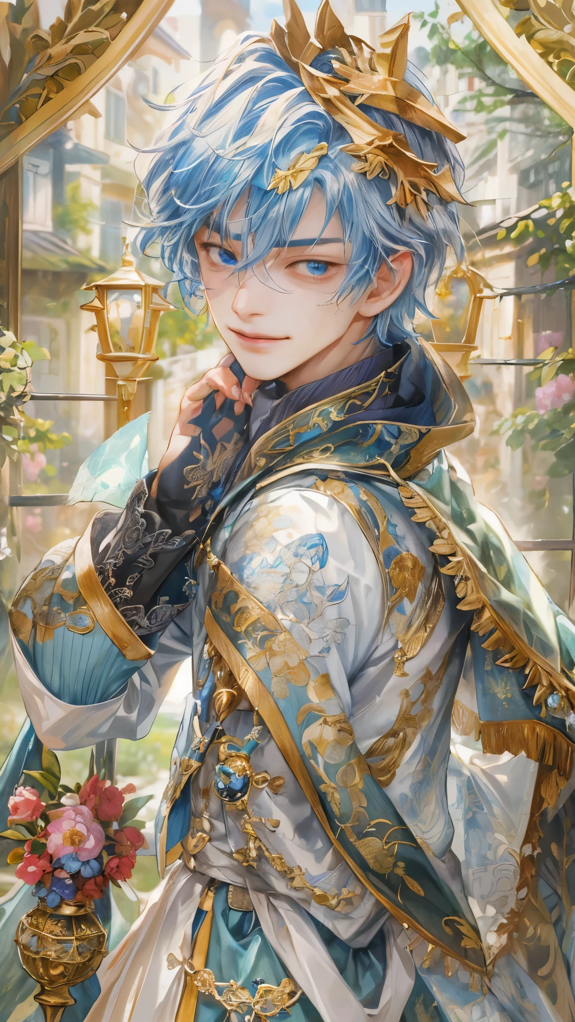((absurdres, highres, ultra detailed), 1 boy, front view, young boy, handsome boy villain character from Pretty Cure, male version, detailed hair with detailed headgear ornaments, detailed short hair, anime eyes, bangs, detailed mage clothes finely detailed eyes red details showing and detailed face, smirk, dimples, extremely detailed CG unity 8k wallpaper, blue details on side, intricate details yellow details on left, portrait, ruin of pink roses, market theme , eyes on viewer, detailed houses town scenery background