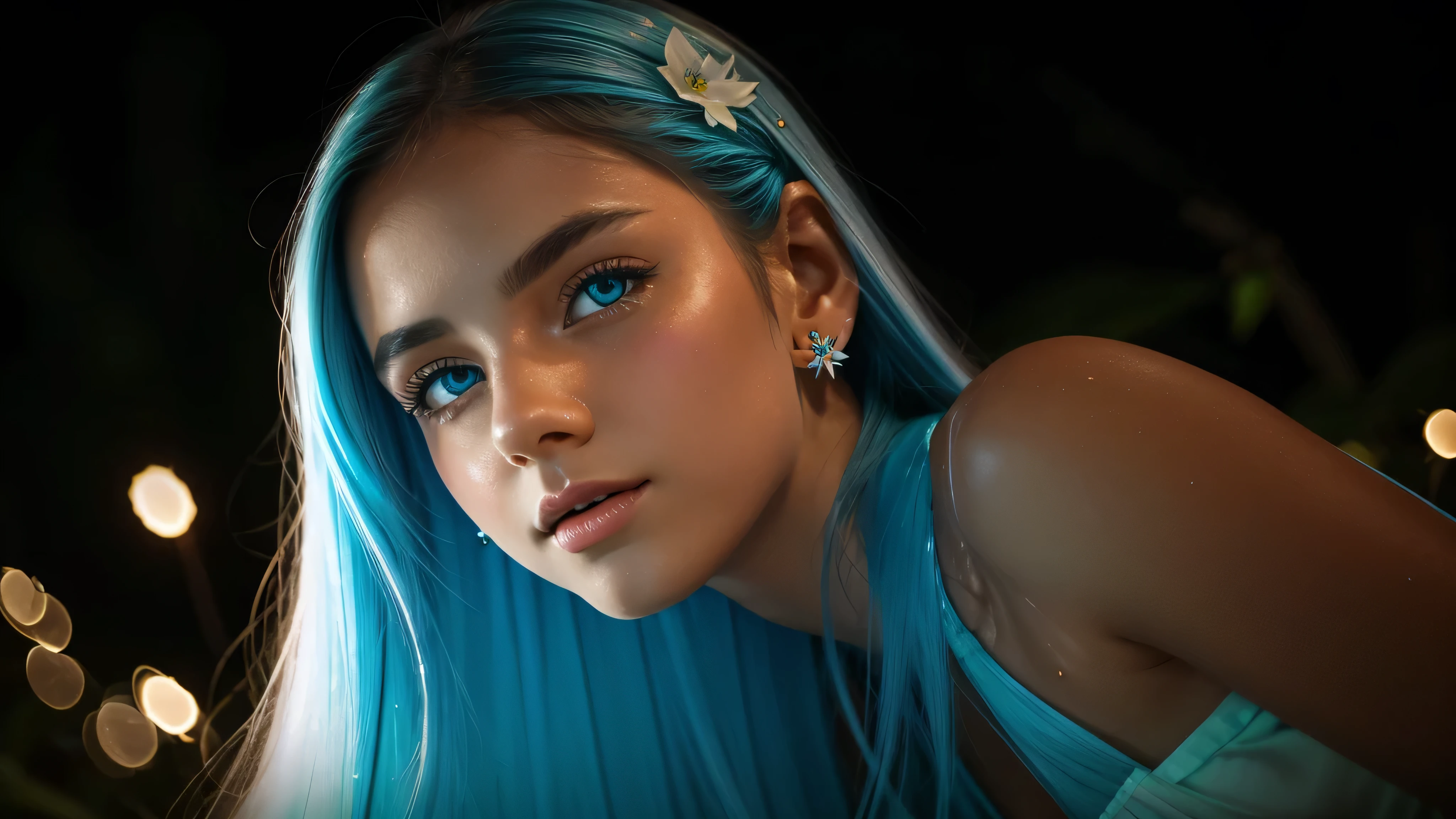 Beautiful realistic girl with bright BLUE-WHITE long hair ,Close-up of clean skin with detailed skin,full length,in a short miniskirt,on an orange background,Against the background of the starry sky,bright makeup,detailed eyes,EARRINGS WITH GLITTERS,two-leaf gray flower,translucent speckled bifoliate gray,Bioluminescent - ultra-high quality 8K, High contrast, rich colors, soft light, Super detailed photos. ultra high quality 8K, High contrast, noise reduction, bright rich colors.. high quality, 8K Ultra HD, High contrast high quality,soft close focus,very beautiful flower, translucent red lily of the valley with dewdrop flower, bioluminescent flower glows and shimmers, he grows in a mysterious forest, shrouded in mystery, Ultra-high quality 8k, High contrast, rich colors, soft light, Ultra-detailed photos. Сверхhigh quality 8k, High contrast, noise reduction, bright rich colors.. high quality, 8K Ultra HD, High contrast