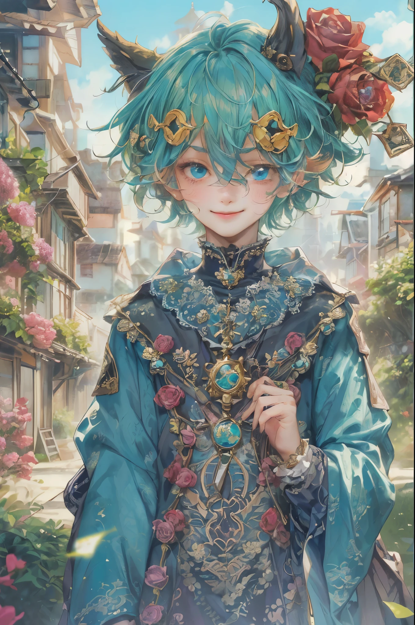 ((absurdres, highres, ultra detailed), 1 boy , front view, young boy, handsome boy villain character from sugar sugar rune, detailed hair with detailed headgear ornaments, detailed short hair, anime eyes, detailed mage clothes with little purple details showing,finely detailed eyes red details showing and detailed face, smirk, dimples, extremely detailed CG unity 8k wallpaper, blue details on side, intricate details yellow details on left, portrait, ruin of pink roses, market theme, eyes on viewer, detailed houses town scenery background