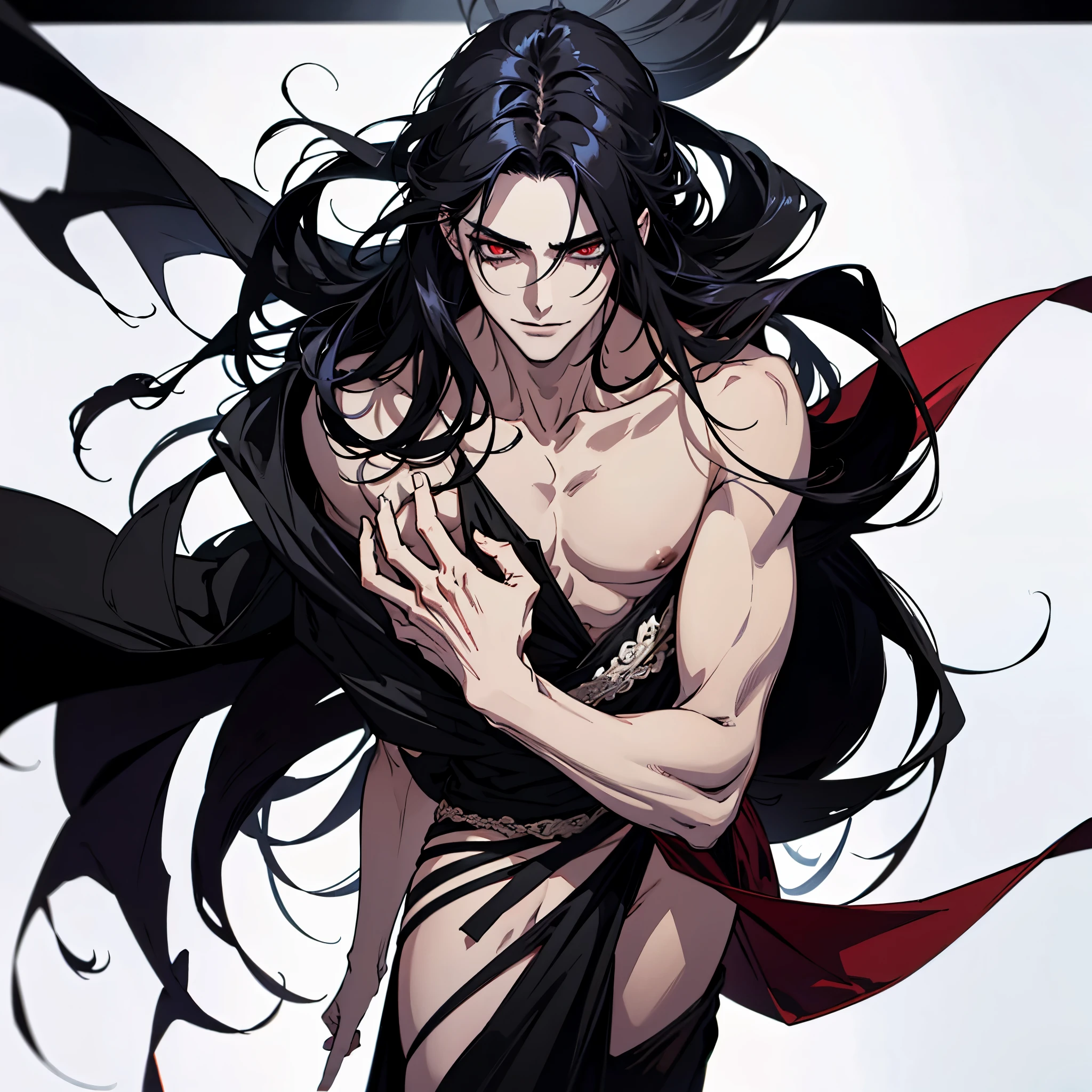 black hair, alucard, full body, beautiful male god of death, vampire fashion, detailed anime character art, male vampire of clan banu haqim, l vampire, with his long black hair, androgynous vampire, detailed 25 year old male face, ultra realistic anime red eyes no emotions, INTJ, intelligent, sexy, attractive, full body, tongle, no clothes, no shirt