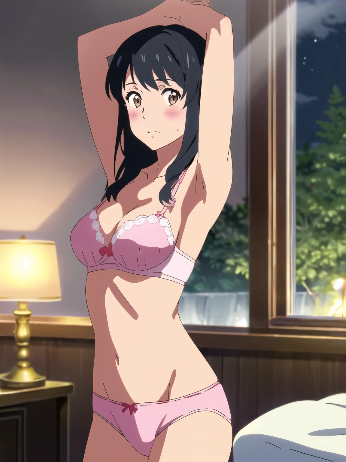 shinkai makoto, kimi no na wa., 1girl, bangs, black hair, brown eyes, waterfall braid, red ribbon, long hair, solo, blush, looking at the viewer, arms up, sexy pose, cute, bedroom, night, lamp, light off, light pink bra, breast, medium breast, light pink panties, masterpiece,