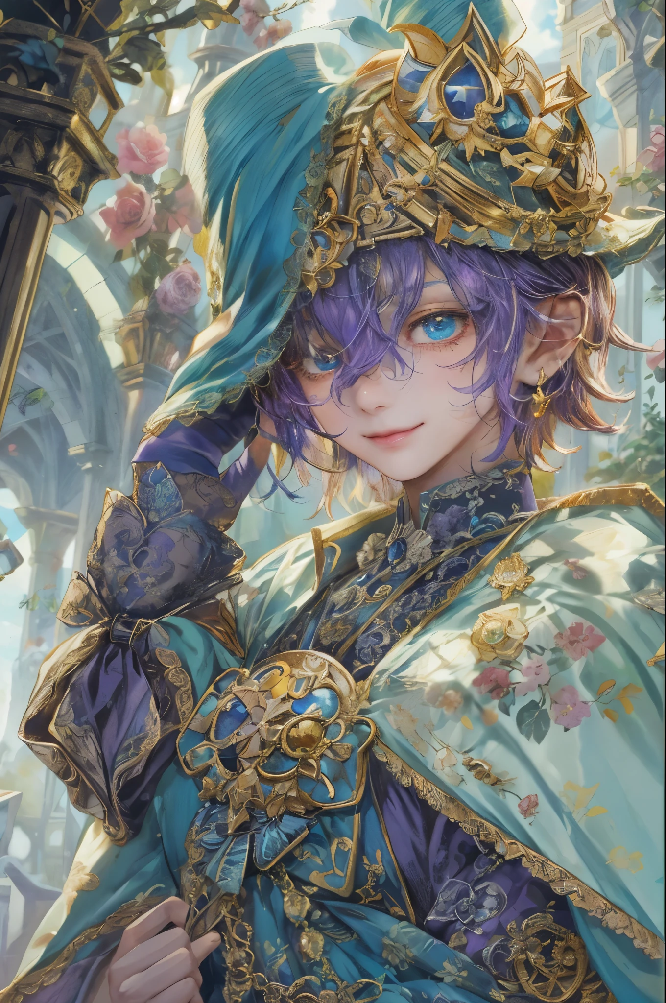 ((absurdres, highres, ultra detailed), 1 boy , front view, young boy, handsome boy villain character from sugar sugar rune, detailed hair with detailed headgear ornaments, detailed short hair, anime eyes, detailed mage clothes with little purple details showing,finely detailed eyes red details showing and detailed face, smirk, dimples, extremely detailed CG unity 8k wallpaper, blue details on side, intricate details yellow details on left, portrait, ruin of pink roses, market theme, eyes on viewer, detailed houses town scenery background