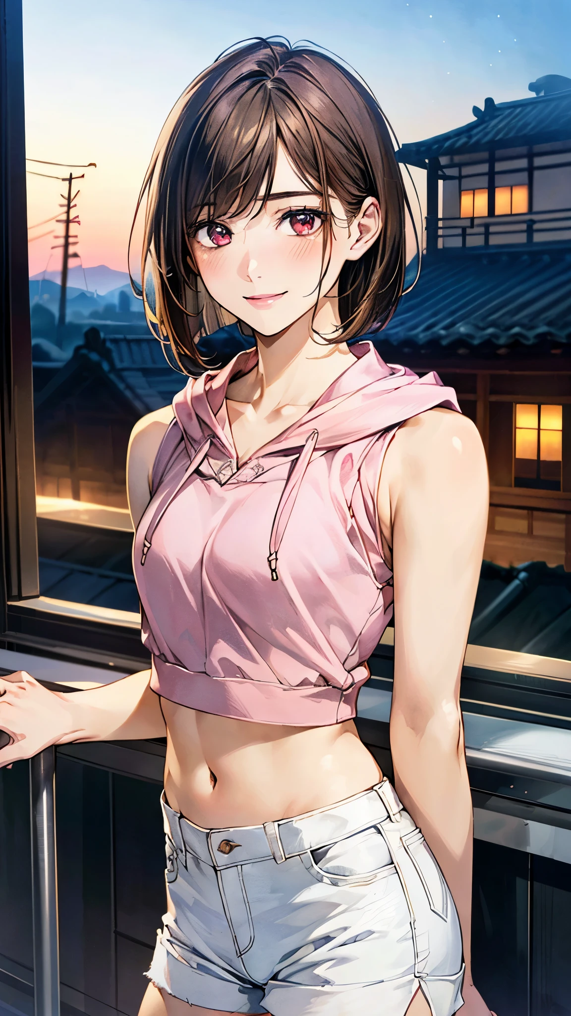 (masterpiece:1.2, top-quality, ultra high res, ultra detailed), (realistic, photorealistic:1.4), beautiful illustration, (natural side lighting, movie lighting), depth of fields,
looking at viewer, (face focus, upper body), 1 girl, japanese, high school girl, perfect face, (perfect anatomy), cute and symmetrical face, , shiny skin, slender
(short hair:1.2, bob cut:1.2, light brown hair), asymmetrical bangs, dark red eyes, long eye lasher, (medium breasts),
beautiful hair, beautiful face, beautiful detailed eyes, beautiful clavicle, beautiful body, beautiful chest, beautiful thigh, beautiful legs,
((detailed cloth texture, casual fashion, (midriff:1.1), sleeveless pink hoodie, ripped micro shorts made of white denim fabric)),
(beautiful scenery), midnight, (usa, on the rooftop, beautiful night view), standing, shy look, (lovely smile, upper eyes),
