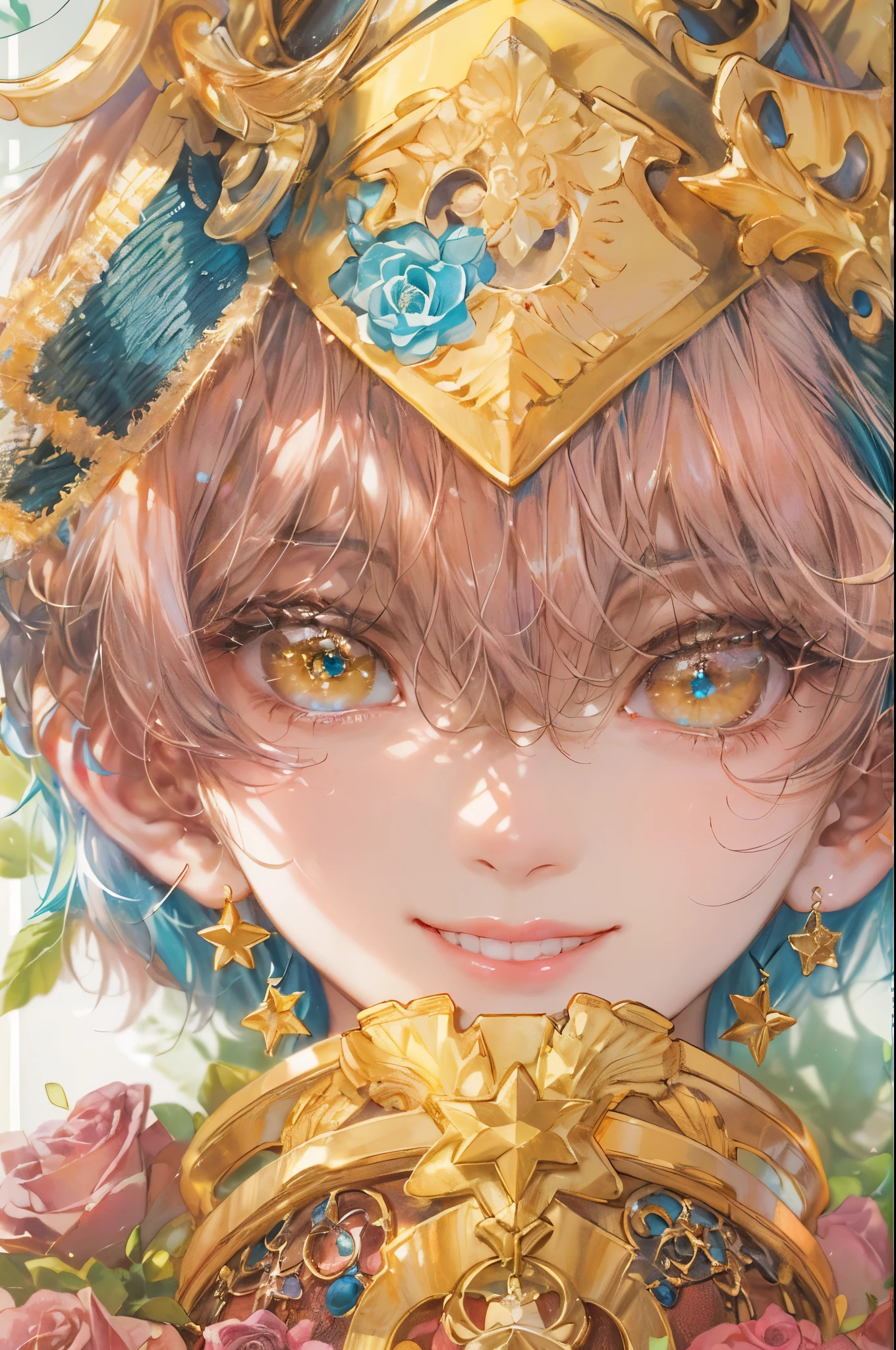((absurdres, highres, ultra detailed), 1 boy, front view, young boy, handsome boy villain character from Pretty Cure, male version, detailed hair with detailed headgear ornaments, detailed short hair, anime eyes, bangs, detailed mage clothes finely detailed eyes red details showing and detailed face, smirk, dimples, extremely detailed CG unity 8k wallpaper, blue details on side, intricate details yellow details on left, portrait, ruin of pink roses, market theme , eyes on viewer, detailed houses town scenery background