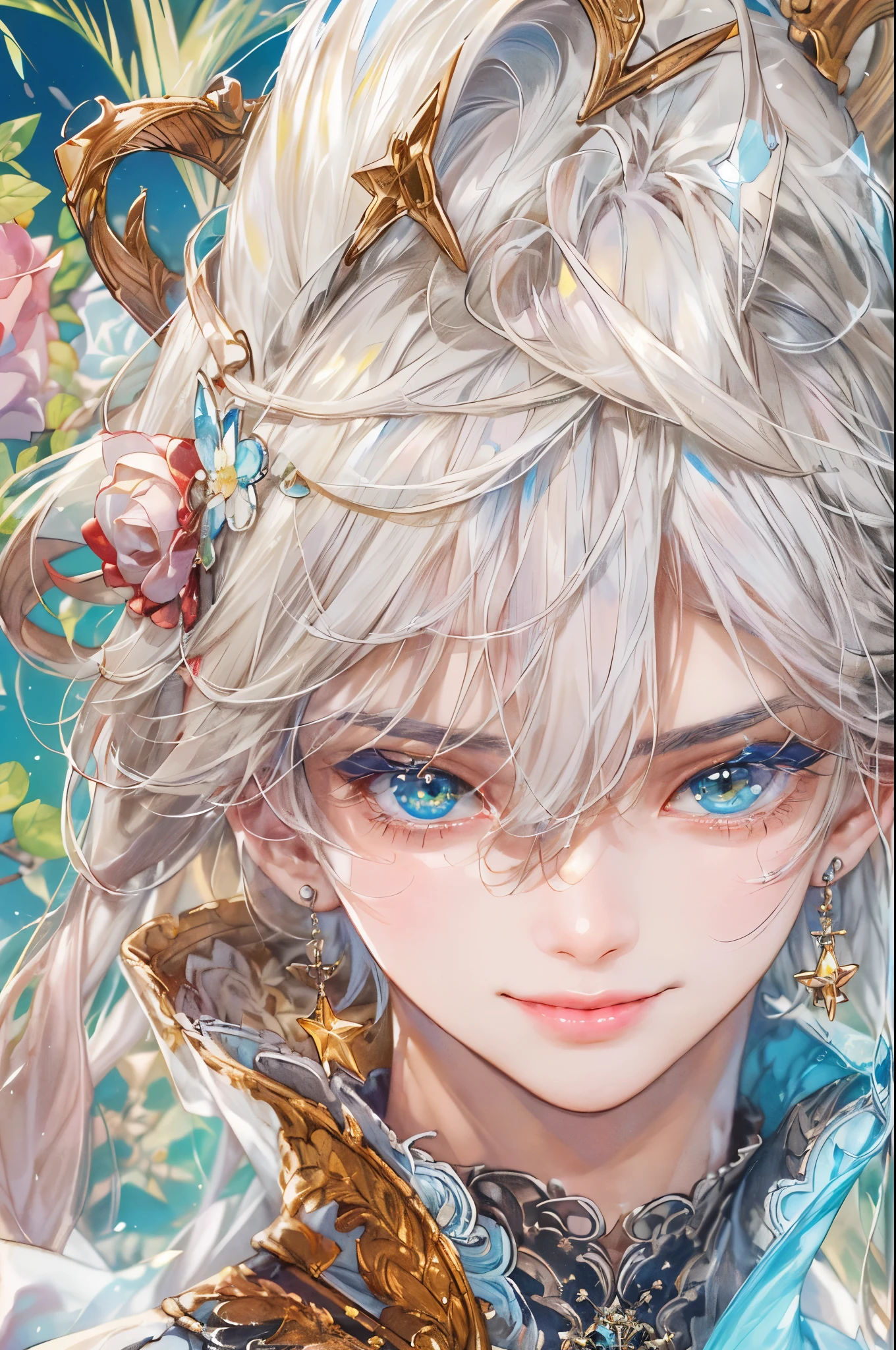((absurdres, highres, ultra detailed), 1 boy, front view, young boy, handsome boy villain character from Pretty Cure, male version, detailed hair with detailed headgear ornaments, detailed short hair, anime eyes, bangs, detailed mage clothes finely detailed eyes red details showing and detailed face, smirk, dimples, extremely detailed CG unity 8k wallpaper, blue details on side, intricate details yellow details on left, portrait, ruin of pink roses, market theme , eyes on viewer, detailed houses town scenery background