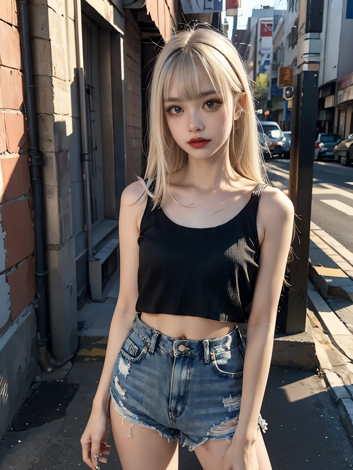 raw photo, 8k, (top-quality), Realistic, (real picture, Intricate details), (natural skin texture, detailed skin, hyper realism, sharpness), (Japanese girl standing in a dirty back alley at night, graffitied wall:1.3, hands in pockets), ((tight white tank top, Distressed denim shorts, low-rise shorts)), (((flat chest:1.5))), (pale skin:1.5), ((white hair, straight hair, blunt bangs)), (seductive face, provocative look, Parted lips:1.3, eye shadow:1.3, eyeliner, tear bag:1.2, red lips:1.2, undereye circle:1.3), graffiti:1.5, trash can, night time, spot lighting:1.3, Full body shot