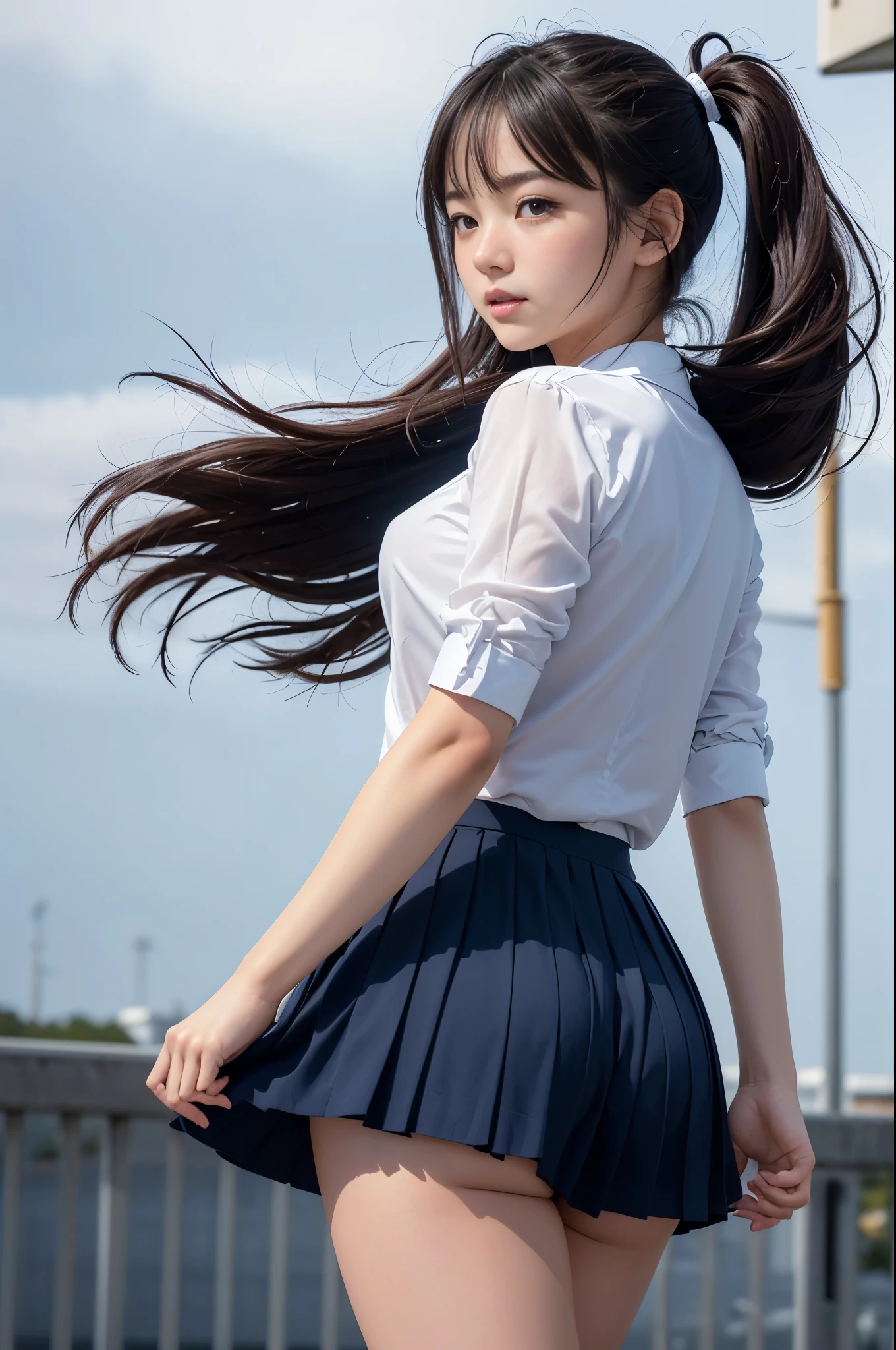 (((shoot from behind))),(((no glasses))), 1girl, ((())), (((huge bureast:1.5))), brown ponytail, (blush:1.5), ((shy face:1.5)), ((beautiful anime eyes with fine detail)), realistic skin, (intricate details), (((white blouse))),(((navy blue pleated skirt))), (((knee-length skirt))), (tie), socks, ((wind lift:1.5)), ((skirt fluttering)), A strong wind blows from below, white panties, best lighting, depth field, ((ultra high resolution, high res)), {highres}, {{very fine 8KCG wallpapers}}, {{very precise detailed}}, ((((masterpiece)))), detailed Tokyo streetscape