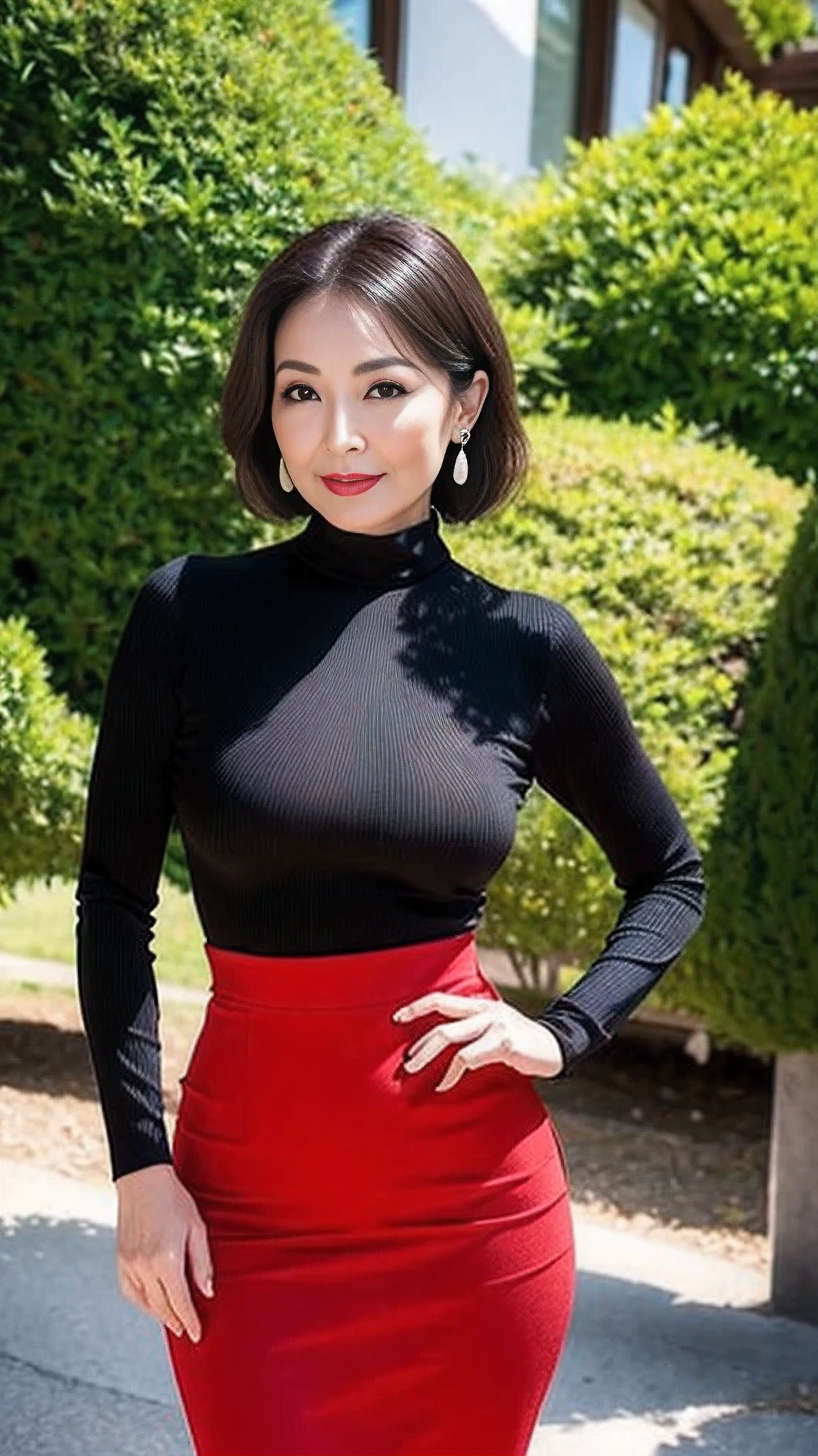 (whole body:1.3), (ultimate beauty), (fat goddess), gravure printing, best quality, super detailed, lifelike, Skin is super delicate, perfect anatomy, 65 years old, big breasts, Mature housewife, attractive, a sexy, Fair complexion, (No cleavage),thigh, cosmetic, (lipstick: 1.1), (Eyeliner: 1.2), mascara, eye shadow,Outdoor sports, earrings, necklace, black pantyhose, Wrinkles at the corners of the eyes, oral wrinkles,turtleneck knitted bodycon skirt