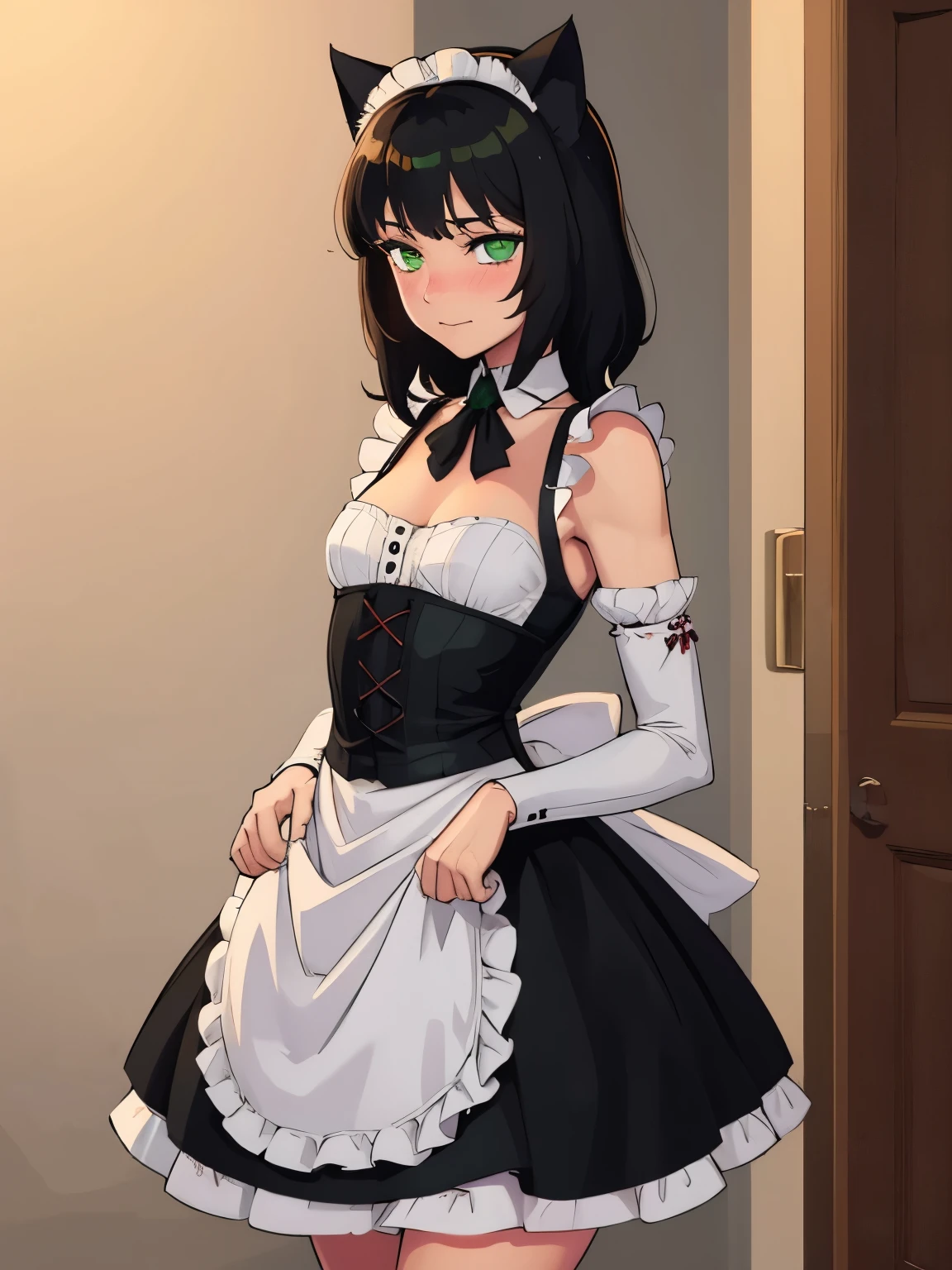 (masterpiece, best quality:1.2), aka6, 1girl, solo, medium hair, black hair, green eyes, cat eyes, slim body, cheerfull, happy, blush, closed mouth, small breasts, maid outfit, catgirl