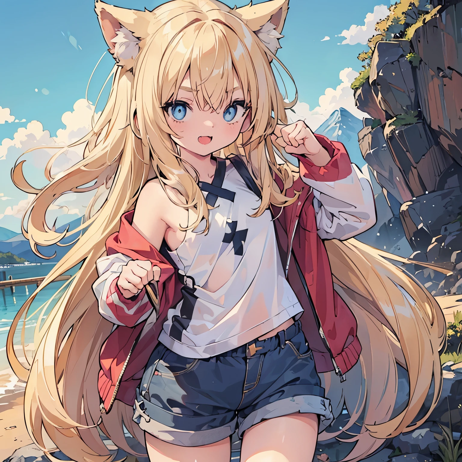Realistic image, detailed image, 1 girl. She has cat ears. She has greenish blue eyes. She has long blonde hair, wears earrings. She wears a long boiled sweater, off shoulder V-neck. Pleated mini skirt with ruffles. sexy thin thong. sneakers. She has big boobs, narrow waist, wide hips and thick thighs. smiling. Full body view. Back arched. walking sensually. Mountain background, beautiful mountain scenery. Volumetric light. Ambient light