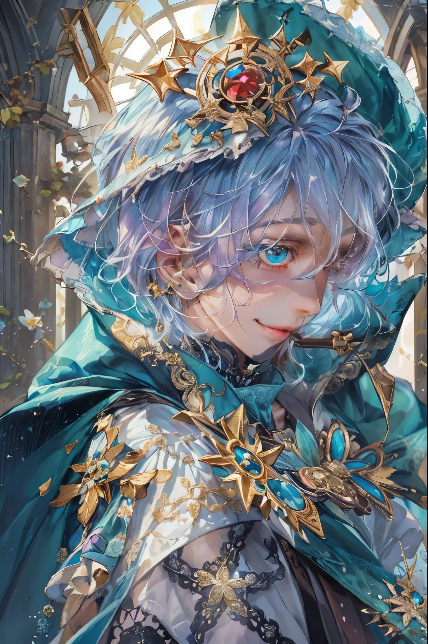((absurdres, highres, ultra detailed), 1 boy , front view, young boy, handsome boy villain character from sugar sugar rune, detailed hair with detailed headgear ornaments, detailed short hair, anime eyes, detailed mage clothes with little purple details showing,finely detailed eyes red details showing and detailed face, smirk, dimples, extremely detailed CG unity 8k wallpaper, blue details on side, intricate details yellow details on left, portrait, ruin of pink roses, market theme, eyes on viewer, detailed houses town scenery background