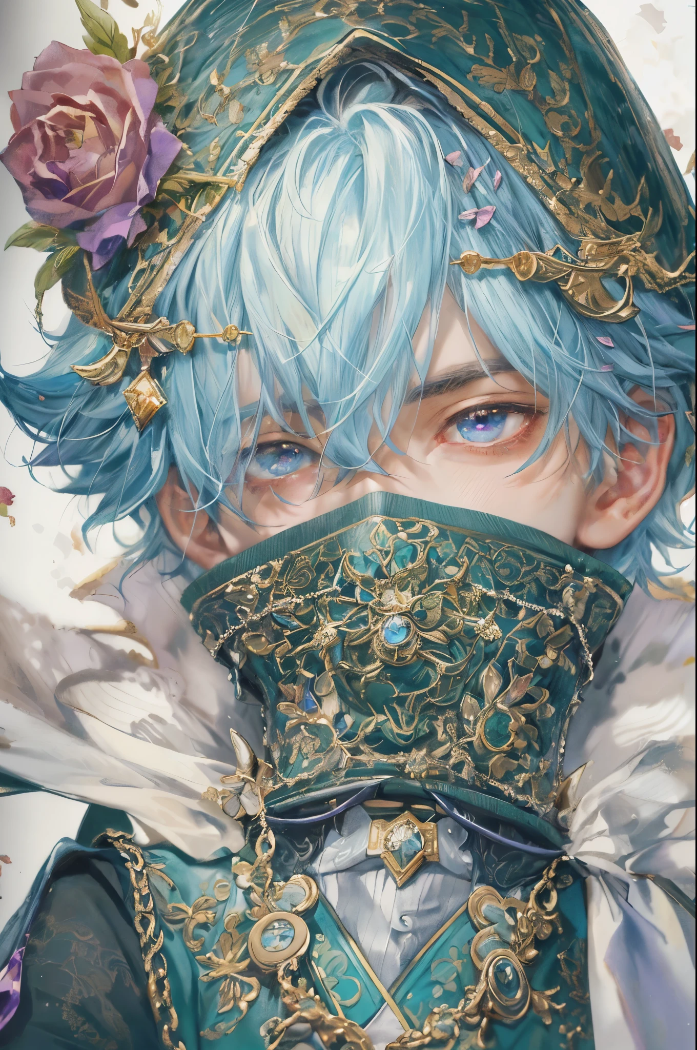 ((absurdres, highres, ultra detailed), 1 boy , front view, young boy, handsome boy villain character from sugar sugar rune, detailed hair with detailed headgear ornaments, detailed short hair, anime eyes, detailed mage clothes with little purple details showing,finely detailed eyes red details showing and detailed face, smirk, dimples, extremely detailed CG unity 8k wallpaper, blue details on side, intricate details yellow details on left, portrait, ruin of pink roses, market theme, eyes on viewer, detailed houses town scenery background