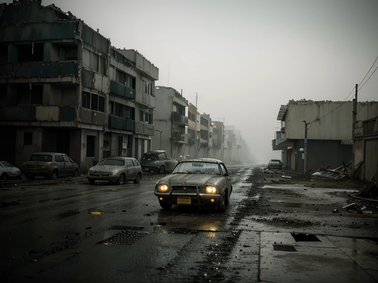 .(obra de arte), (melhor qualidade), (detalhado), landscape reminiscent of radioactive fallout, post-apocalyptic environment, Dark and atmospheric, cyberpunk and post-apocalyptic elements, paisagem urbana desolada, Ruined buildings, Abandoned vehicles, Fog and darkness engulfing the scene, High Resolution 8K Image, capturing the strange and mysterious essence of a world transformed by catastrophe