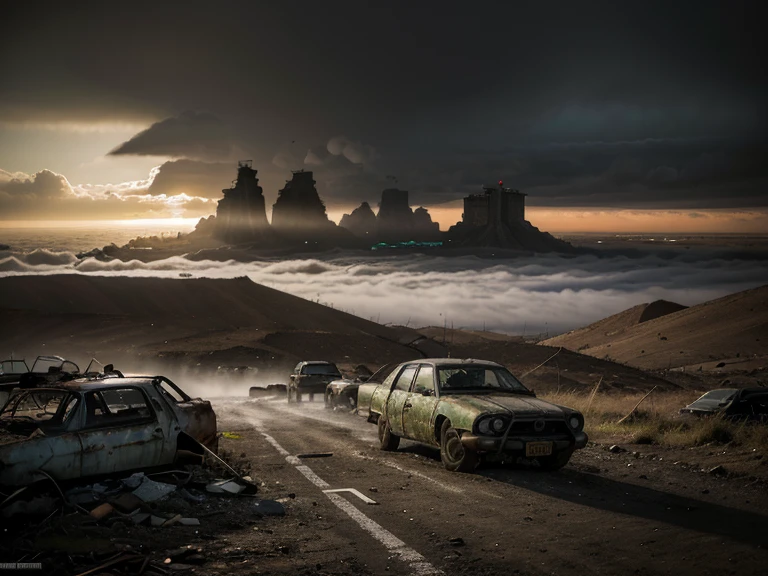 .(obra de arte), (melhor qualidade), (detalhado), landscape reminiscent of radioactive fallout, post-apocalyptic environment, Dark and atmospheric, cyberpunk and post-apocalyptic elements, paisagem urbana desolada, Ruined buildings, Abandoned vehicles, Fog and darkness engulfing the scene, High Resolution 8K Image, capturing the strange and mysterious essence of a world transformed by catastrophe
