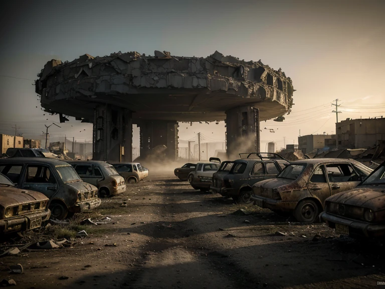 .(obra de arte), (melhor qualidade), (detalhado), landscape reminiscent of radioactive fallout, post-apocalyptic environment, Dark and atmospheric, cyberpunk and post-apocalyptic elements, paisagem urbana desolada, Ruined buildings, Abandoned vehicles, Fog and darkness engulfing the scene, High Resolution 8K Image, capturing the strange and mysterious essence of a world transformed by catastrophe