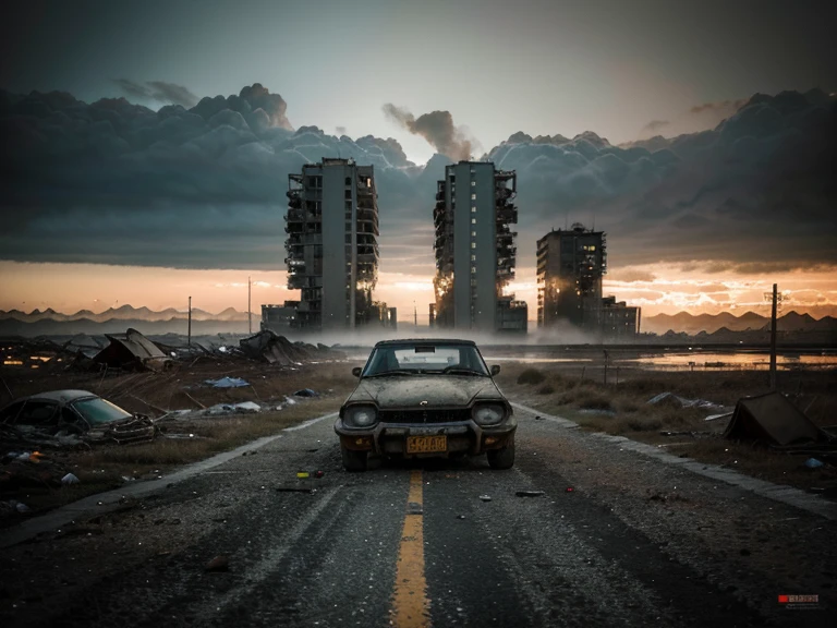 .(obra de arte), (melhor qualidade), (detalhado), landscape reminiscent of radioactive fallout, post-apocalyptic environment, Dark and atmospheric, cyberpunk and post-apocalyptic elements, paisagem urbana desolada, Ruined buildings, Abandoned vehicles, Fog and darkness engulfing the scene, High Resolution 8K Image, capturing the strange and mysterious essence of a world transformed by catastrophe