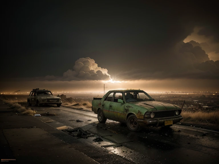 .(obra de arte), (melhor qualidade), (detalhado), landscape reminiscent of radioactive fallout, post-apocalyptic environment, Dark and atmospheric, cyberpunk and post-apocalyptic elements, paisagem urbana desolada, Ruined buildings, Abandoned vehicles, Fog and darkness engulfing the scene, High Resolution 8K Image, capturing the strange and mysterious essence of a world transformed by catastrophe