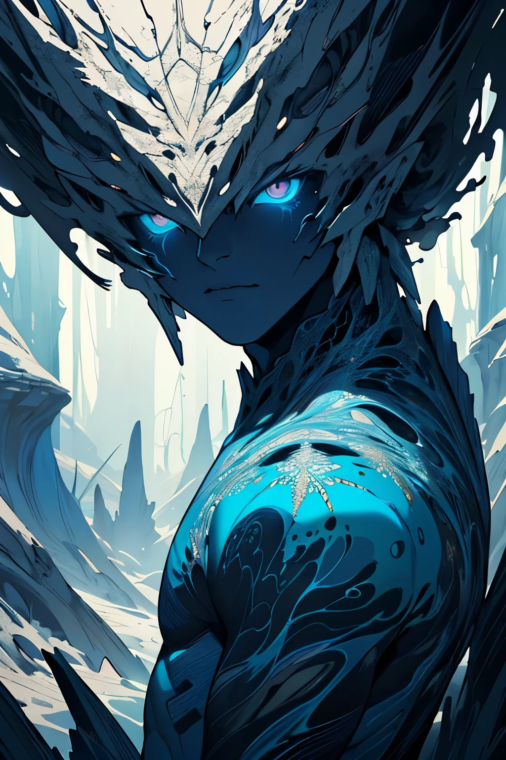 extraterrestrial 1boy, muscle, Poils, seulement, extremely detailed eyes, (art officiel, beautiful and aesthetic:1.2), (art sombre,erosion,Art fractal :1.3), colored, horreur, The most detailed