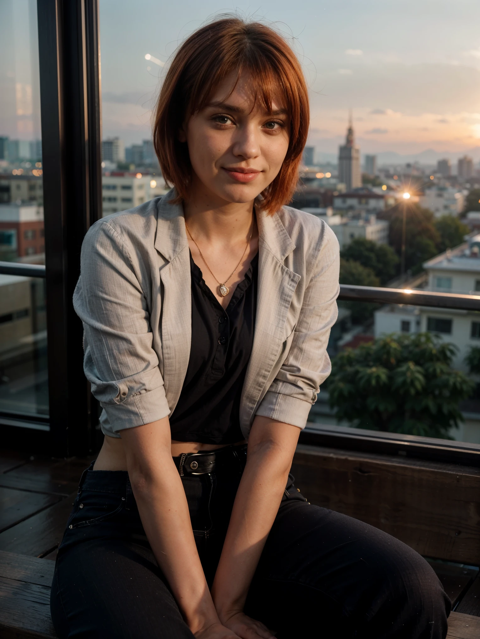 (perfect lighting, Perspectiva perfeita, 8k raw,Russian girl, Russian traits, natural red hair,1girl, maxilar bonito, Alto detalhado, peitos perfeitos, realistic, 8k raw,rosto detalhado, Red hair, olhando para o espectador, jewelry, (franja) sardas (olhos azuis) cabelo curto, corpo inteiro, short hair style, short red hair style) Tokyo, black pants, blazer preto, sunset, smiling, face to the side, sitting on handrail,