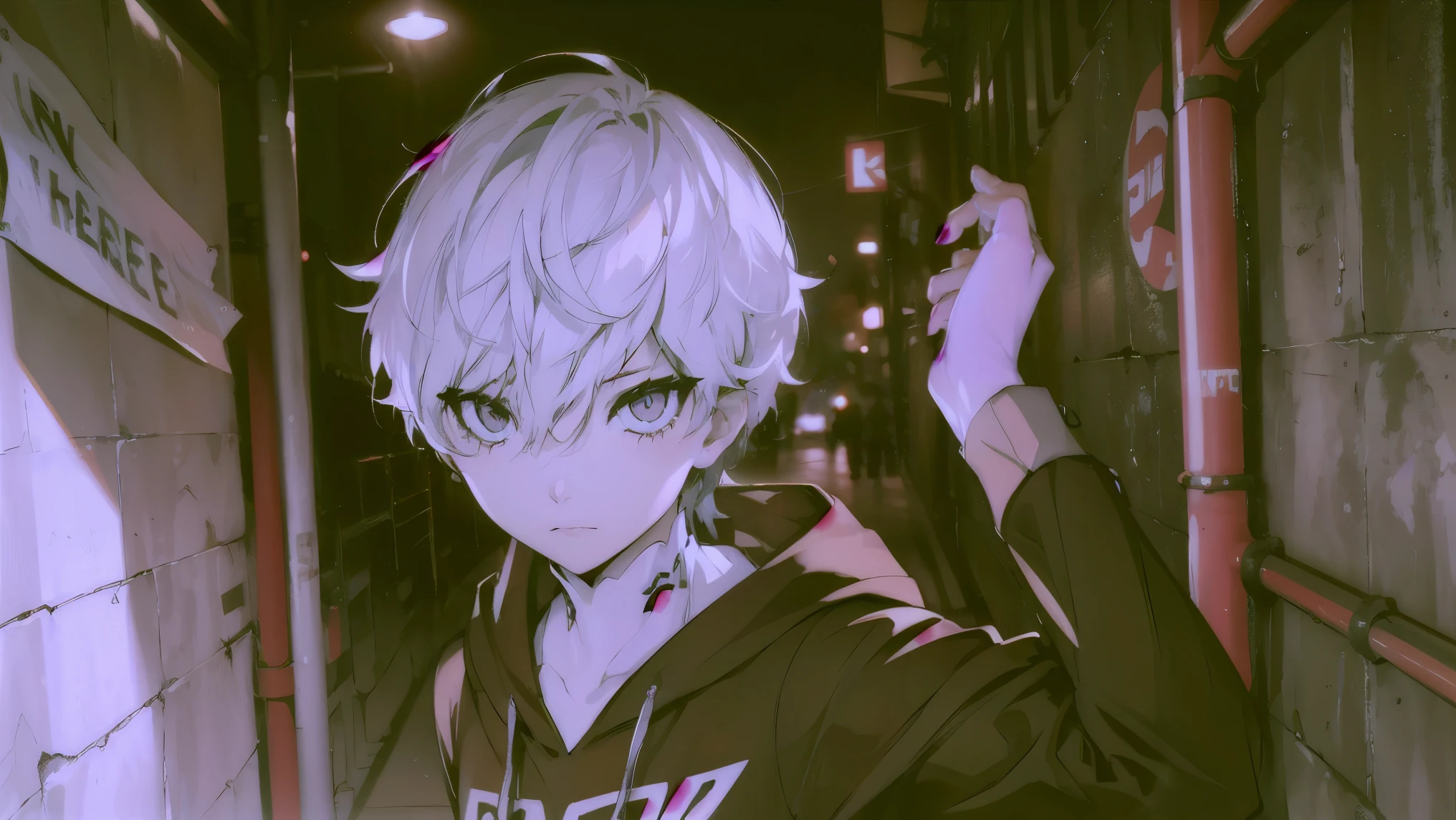 A boy with white hair wearing a black hoodie，The left eye pupil is blue，The right pupil is red，There is a band-aid on the lower left side of the face，Leaning against the wall in a dark alley，Across the alley is a building，The boy&#39;s eyes were looking towards the building aimlessly.