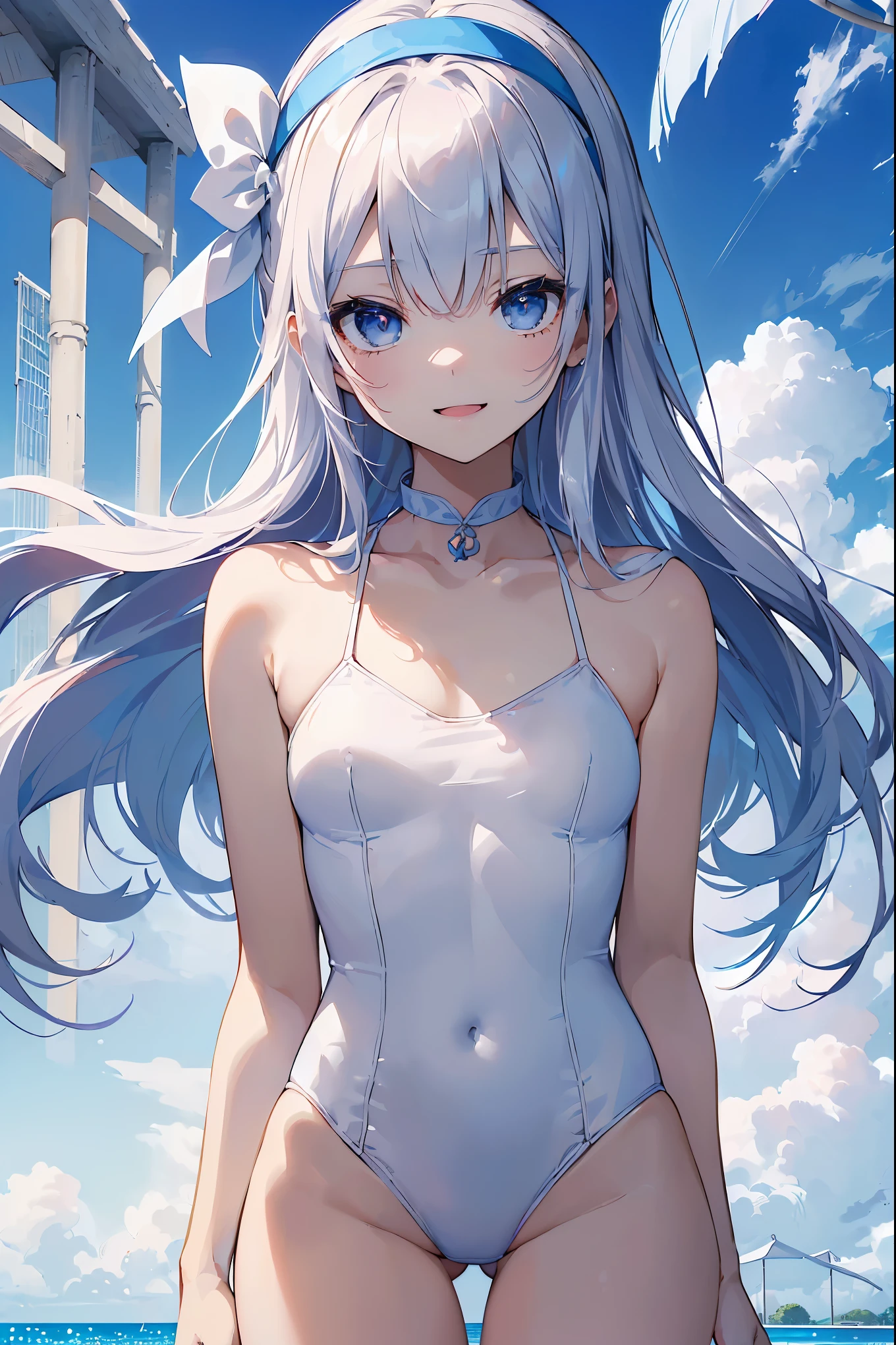 ((2D beautiful girl、top-quality、Perfect Finger 1.3、Perfect Anatomy 1.3、extremely delicate and beautiful illustration))、(Blur the background:1.2、cute it girl、(transform sequence)、((White and blue swimsuit))、14y、a junior r beautiful girl、Fractal Art、baby-face、((stright long hair))、Biful drooping eyes:1.1、A smile with a small open mouth、(Slender and beautiful legs)、(1 persons)、quiet poolside、is standing、pretty headband、
