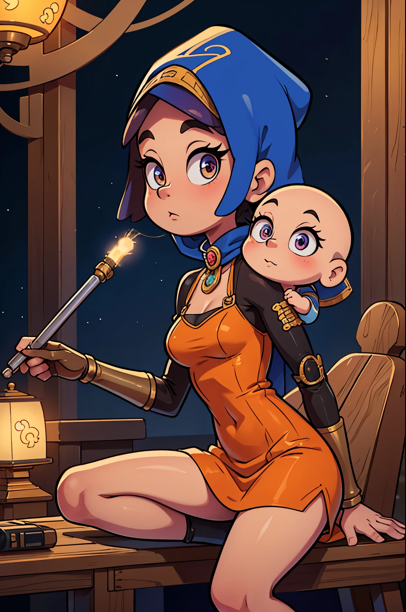 Sitting on a stool on a stage is a obviously steam punk mechanical puppet of a Malaysian woman, she has back lit eyes, a colorful Hijab (no hair showing) and a matching dress.