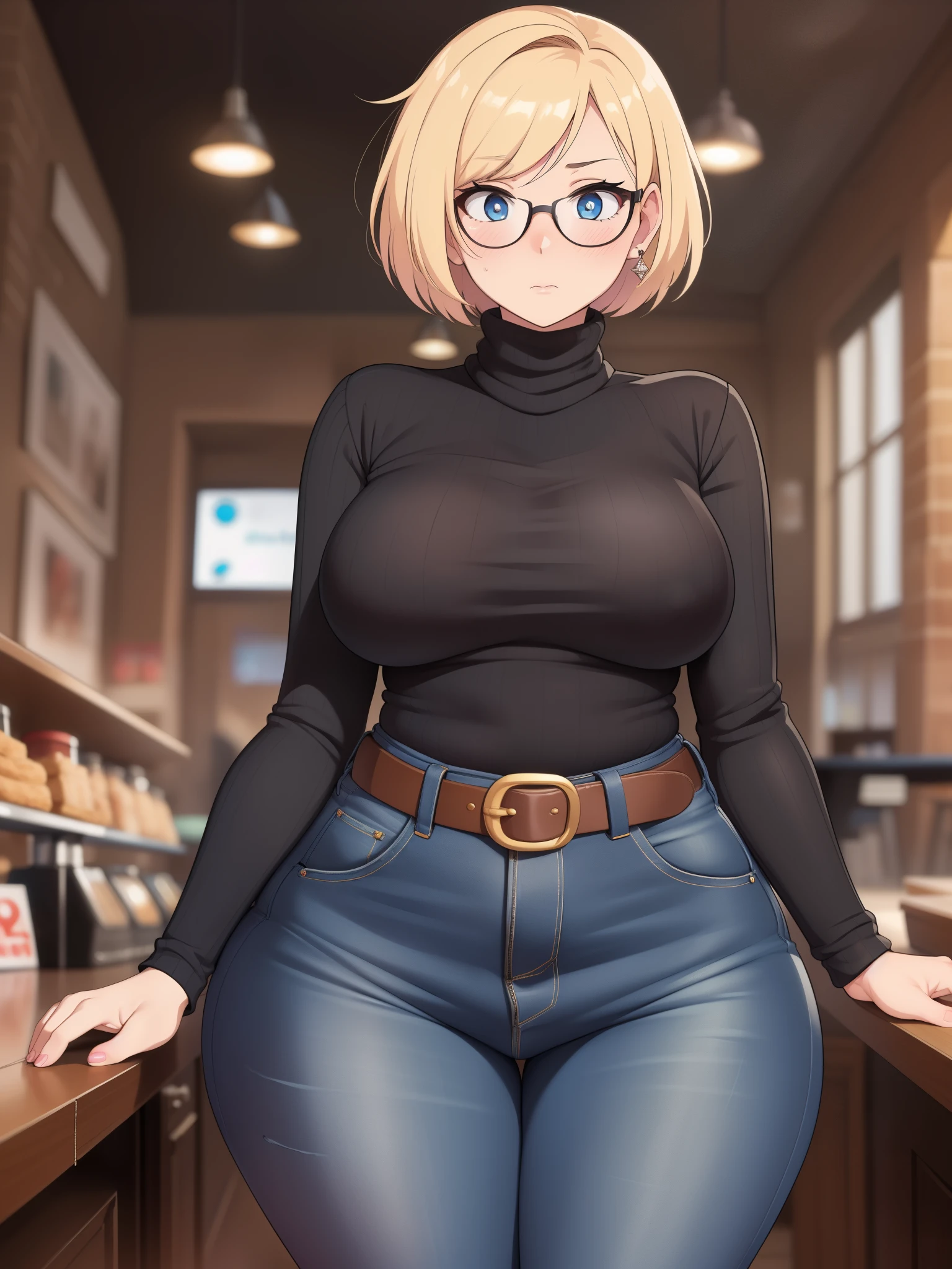 ((Masterpiece)), perfect anatomy, perfect shading, field of depth, (best quality), extremely delicate and beautiful, perfect lighting, detailed face, ultra cute face, cute, (cowboy shot 1.2), full body, (((1girl))), ((solo)), looking at viewer,
short hair, fluffy hair, blonde hair, blue eyes, Glasses, ((Blush)), shy, nervous, (black turtleneck sweater 1.5), (jeans 1.2), belt, extremely tight clothes, medium breasts, ((wide hips)), ((thick thighs)), ((chubby)),
coffee shop, intricate background, detailed background,