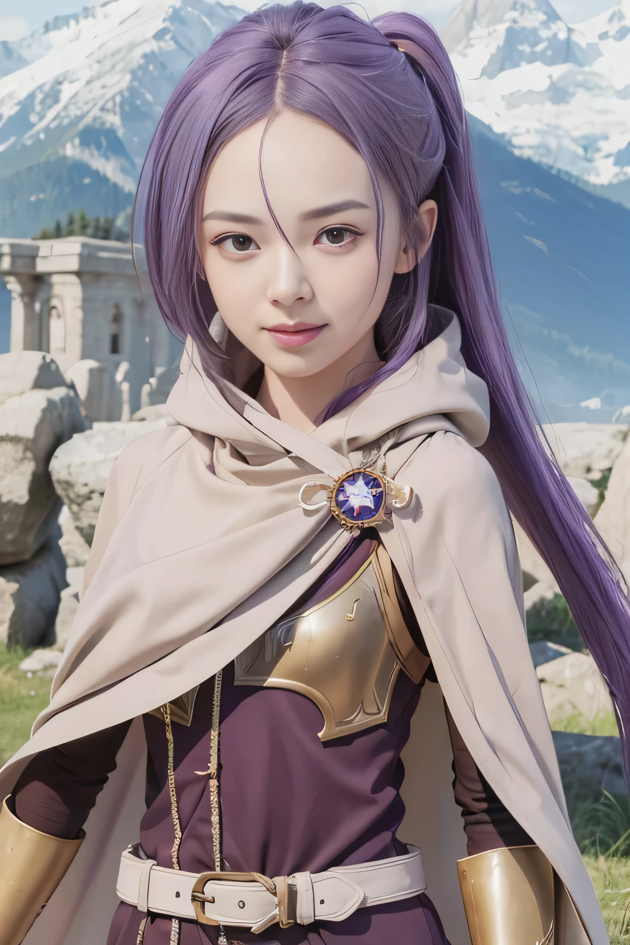 masterpiece, best quality, (realistic,photo-realistic:1.4), (RAW photo:1.2), extremely detailed CG unity 8k wallpaper, delicate and beautiful, amazing,finely detail, official art, absurdres, incredibly absurdres, huge filesize, ultra-detailed,extremely detailed eyes and face,light on face,sarada,(little smile),(purple hair:1.4),(long hair:1.6),(wearing cloak:1.5),nature background,(small breast:1.3),mountain,brown armor
