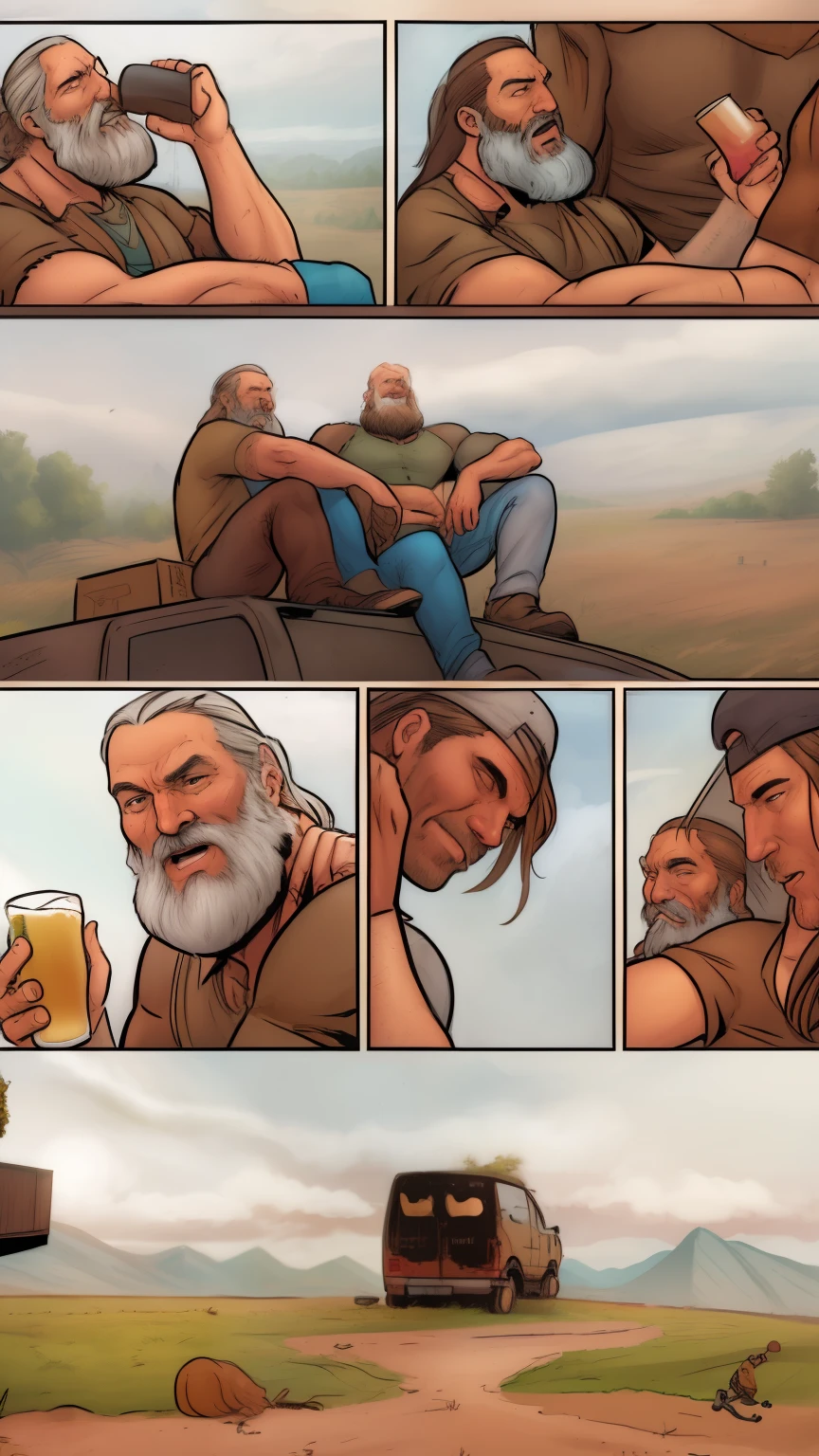 comic illustration, comic panels, in a peaceful setting, afternoon sky, a man with a gray beard drinks his beer, a man with light brown hair arrives, the two talk like friends on top of a van in a farm setting