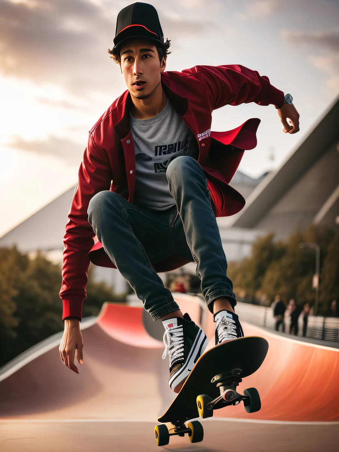 arafed man in a red jacket and hat doing a trick on a skateboard, skateboarder style, action sports, skateboarding, action sports photography, riding a skateboard, skateboard, kickflip, standing on a skateboard, dynamic low angle shot, style of tony hawk pro skater, high quality portrait, high quality action photography, inspired by mads berg