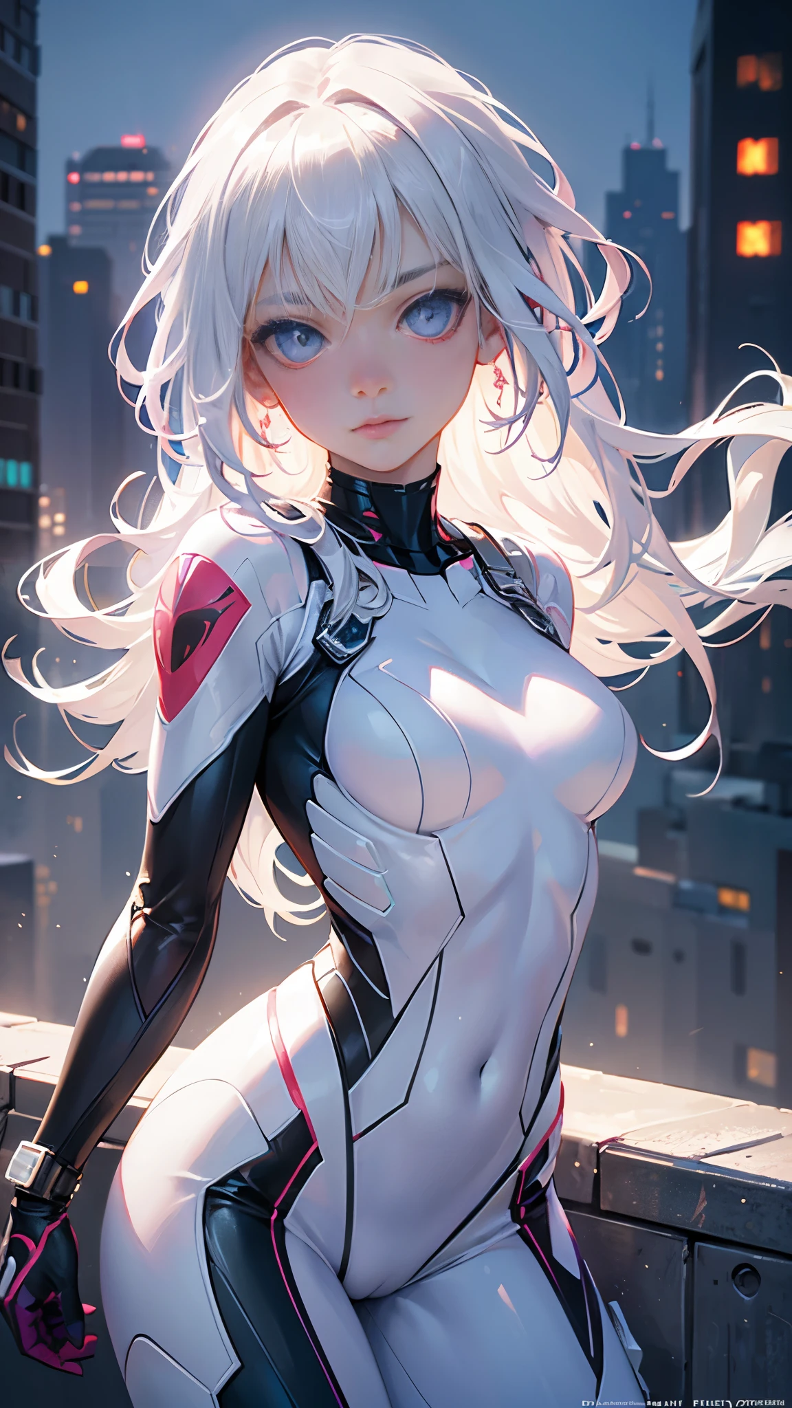 (1girl:1.3), Solo, (((Very detailed face)))), ((Very detailed eyes and face)))), Half body potrait, Beautiful detail eyes, Body parts__, Official art, Unified 8k wallpaper, Super detailed, beautiful and elegant, beautiful, masterpiece, best quality, original, masterpiece, super fine photo, best quality, super high resolution, realistic realism, sunlight, full body portrait, amazing beauty, dynamic pose, delicate face, vibrant eyes, (from the front), She wears White Spider-Man suit, white and pink color scheme, spider, very detailed city roof background, rooftop, overlooking the city, detailed face, detailed complex busy background, messy, gorgeous, milky white, highly detailed skin, realistic skin details, visible pores, clear focus, volumetric fog, 8k uhd, DSLR, high quality, film grain, fair skin, photo realism, lomography, futuristic dystopian megalopolis, translucent