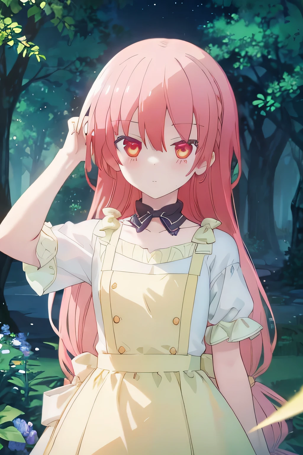 one girl、alice in wonderland、yellow hair、wavy hair、worried face、short sleeve、Alice's One Piece、light blue ribbon on head、alice in wonderlandの背景、masterpiece、highest quality、best image quality、cute、