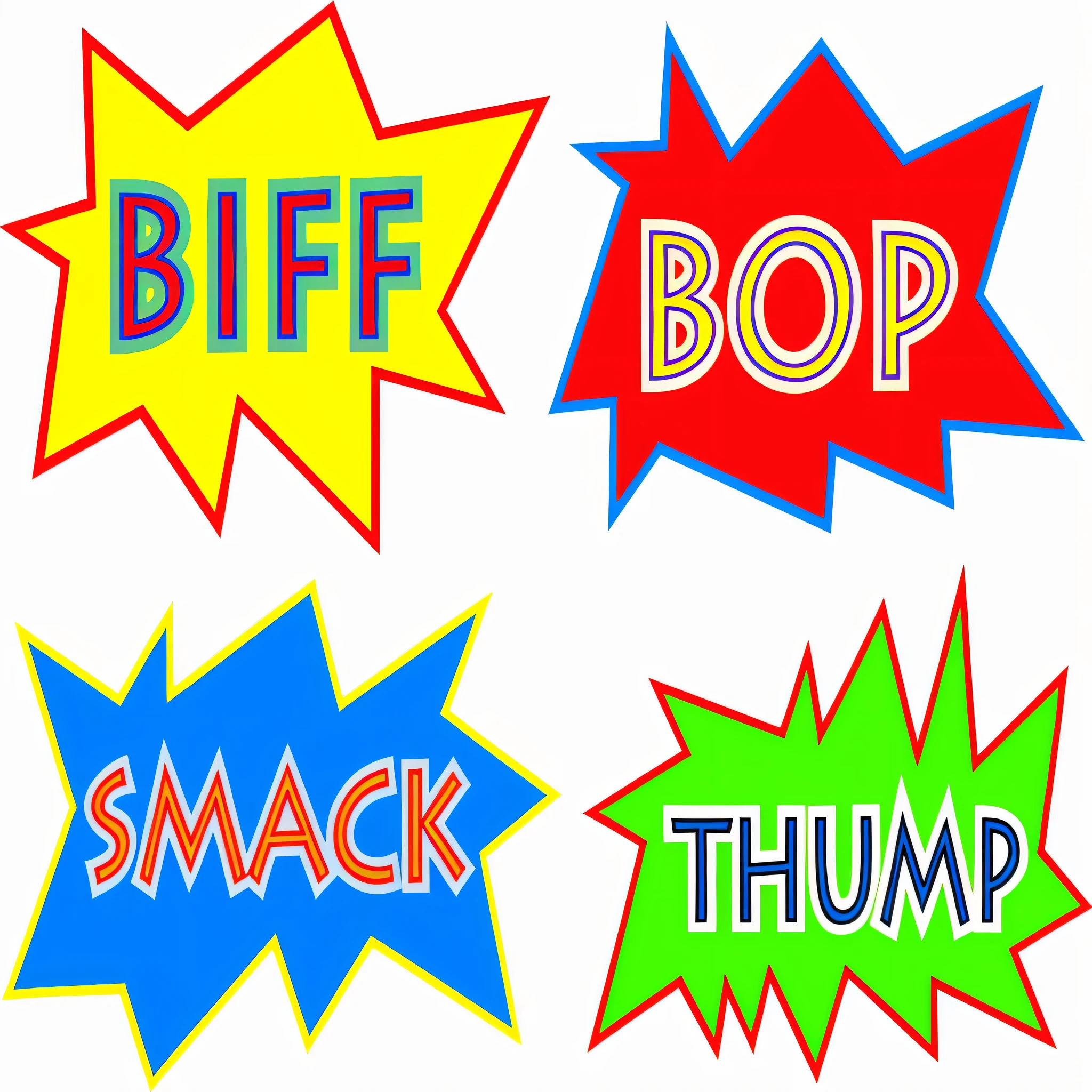 a close up of four different colored speech bubbles on a black background, epic comic book style, comic book visual style, comicbook style, colorful comics style, comic book thick outline, 1 9 9 0 s comic book style, comic book style, comic book style!!, svg comic style, stylised comic art, funny jumbled letters, pop motifs